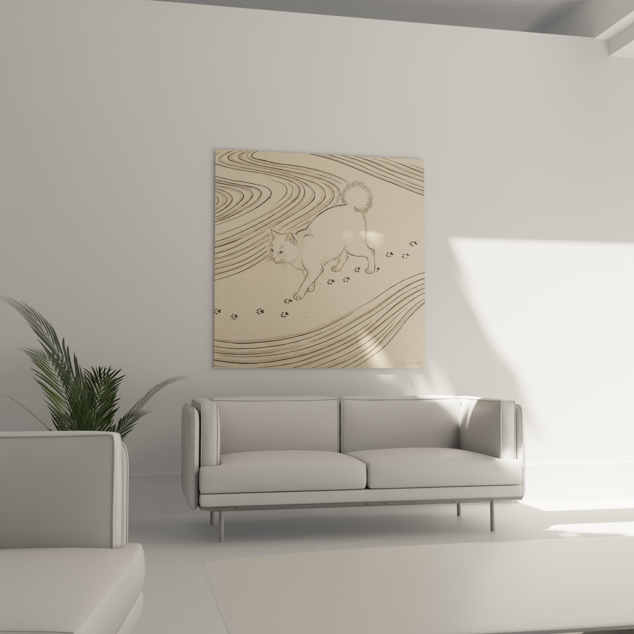 Close-up detail of the Japanese Bobtail cat artwork showing delicate features and paw prints Japanese art