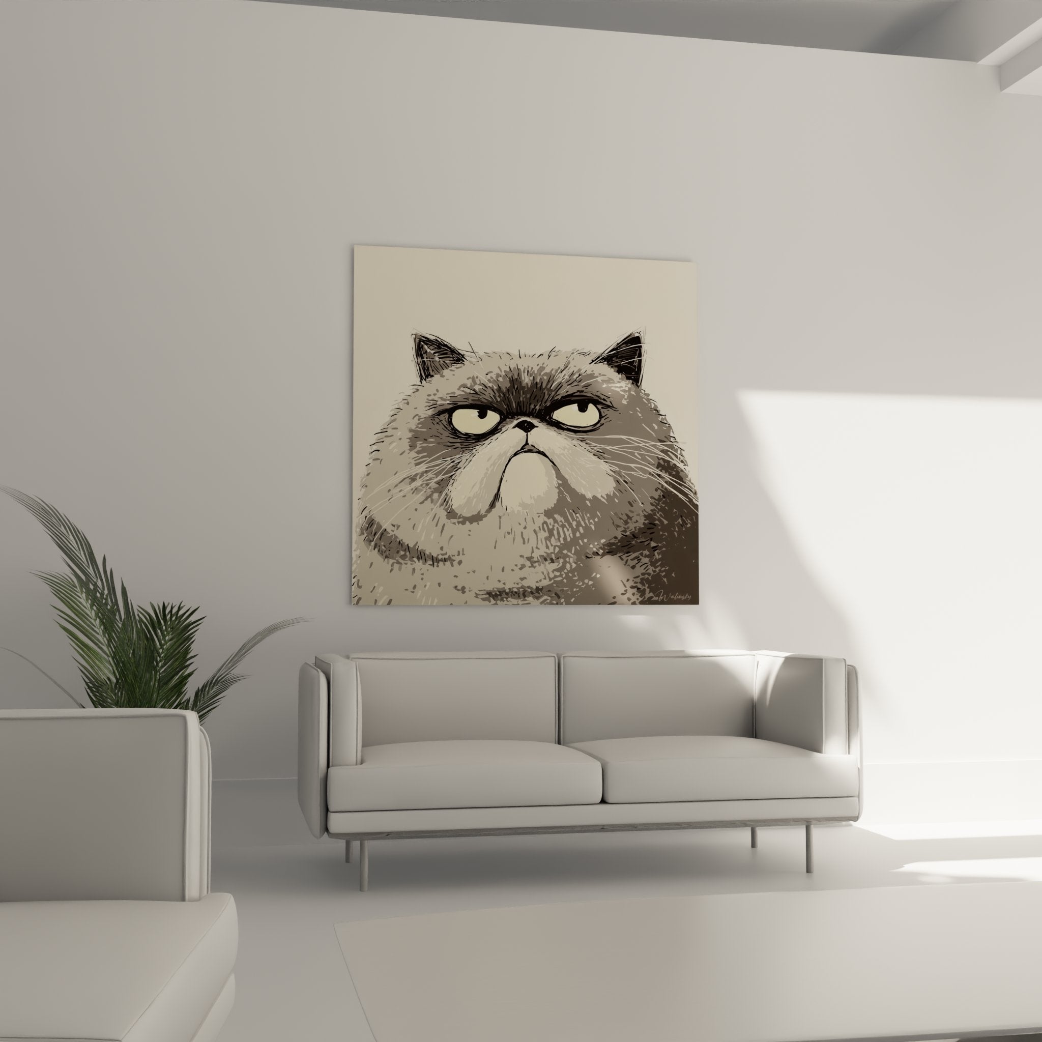 Primo piano del quadro gatto Exotic Shorthair che mostra i dettagli del mantello grigio e l'espressione realistica imbronciata