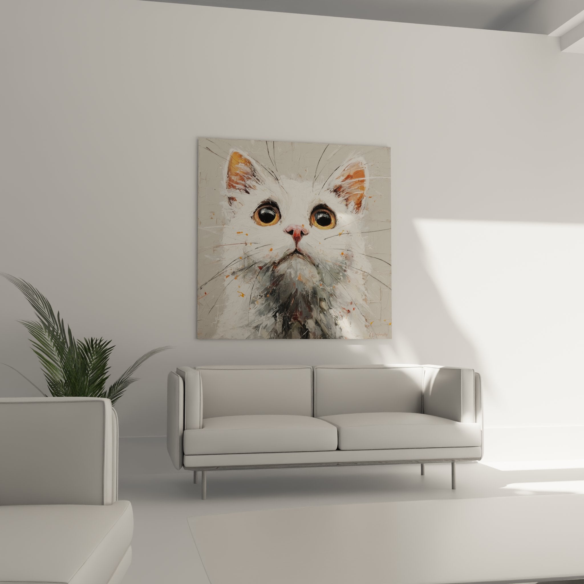 Detail white American Bobtail cat painting expressive golden eyes visible brushwork artistic texture