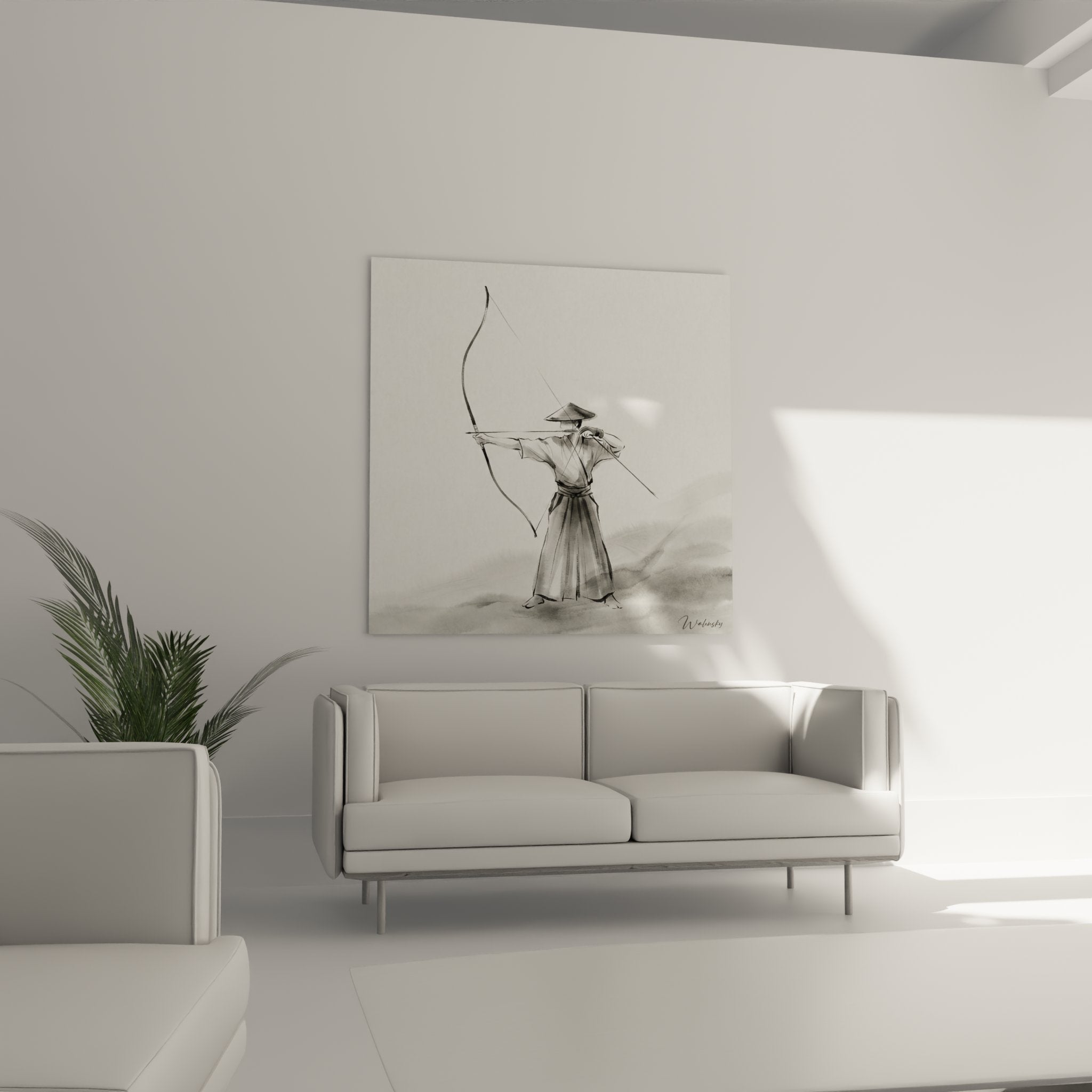 Dettaglio del quadro samurai arciere che mostra la tecnica perfetta del tiro con l'arco tradizionale giapponese