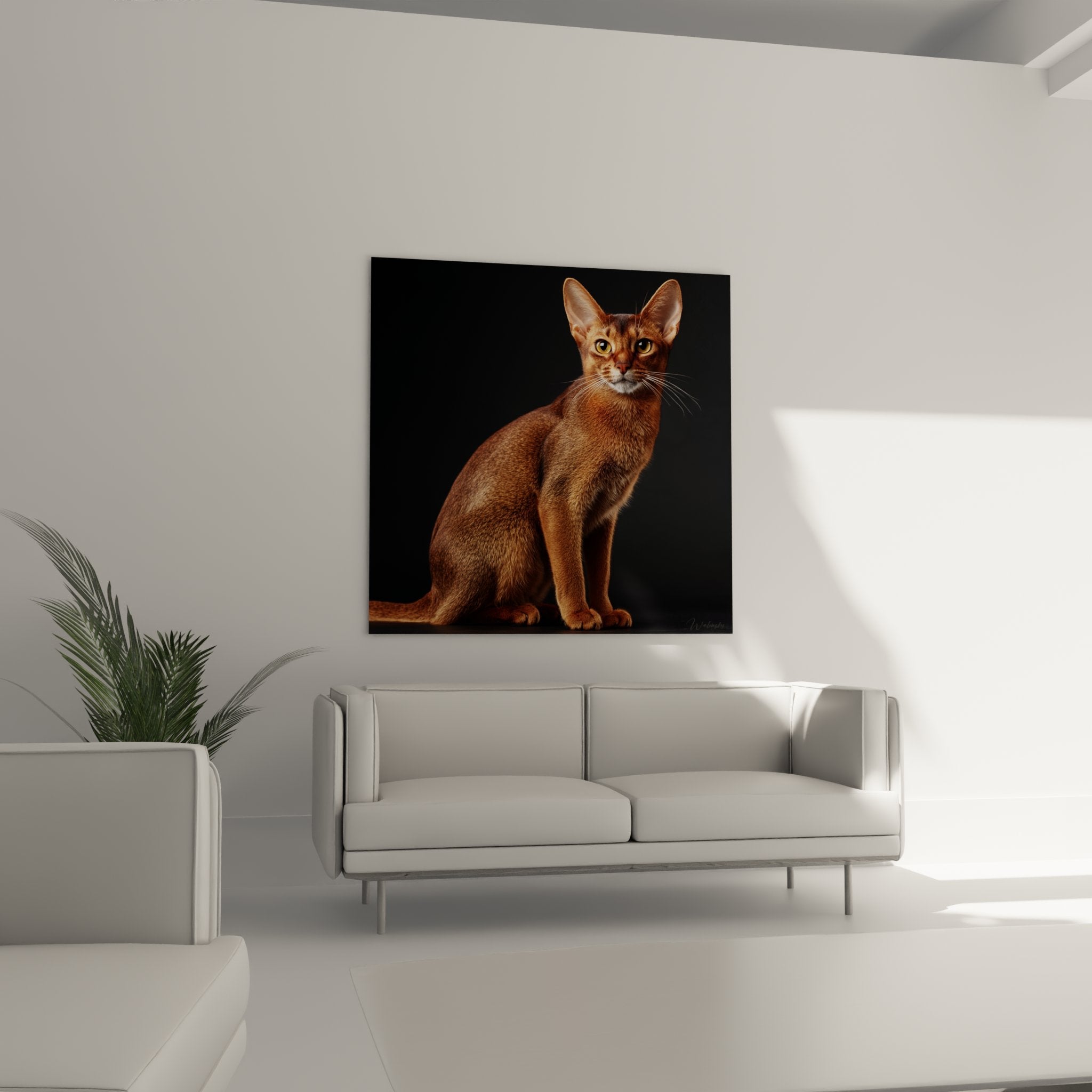 Gros plan tableau chat Abyssin montrant détails pelage roux et yeux dorés, qualité impression haute définition
