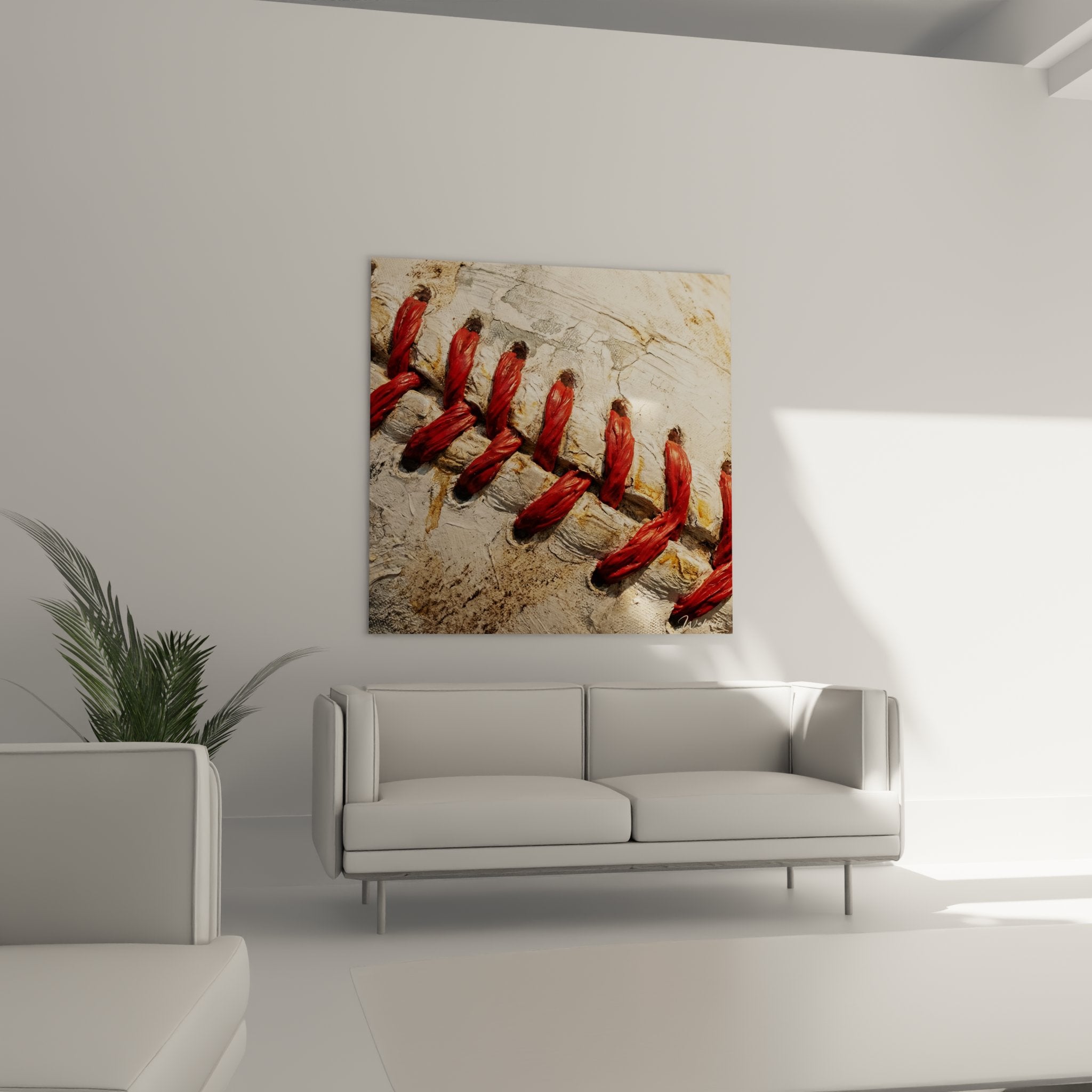 Nahaufnahme der Maltextur der rot gestrichenen Baseballl-Schnürsenkel in Acryl