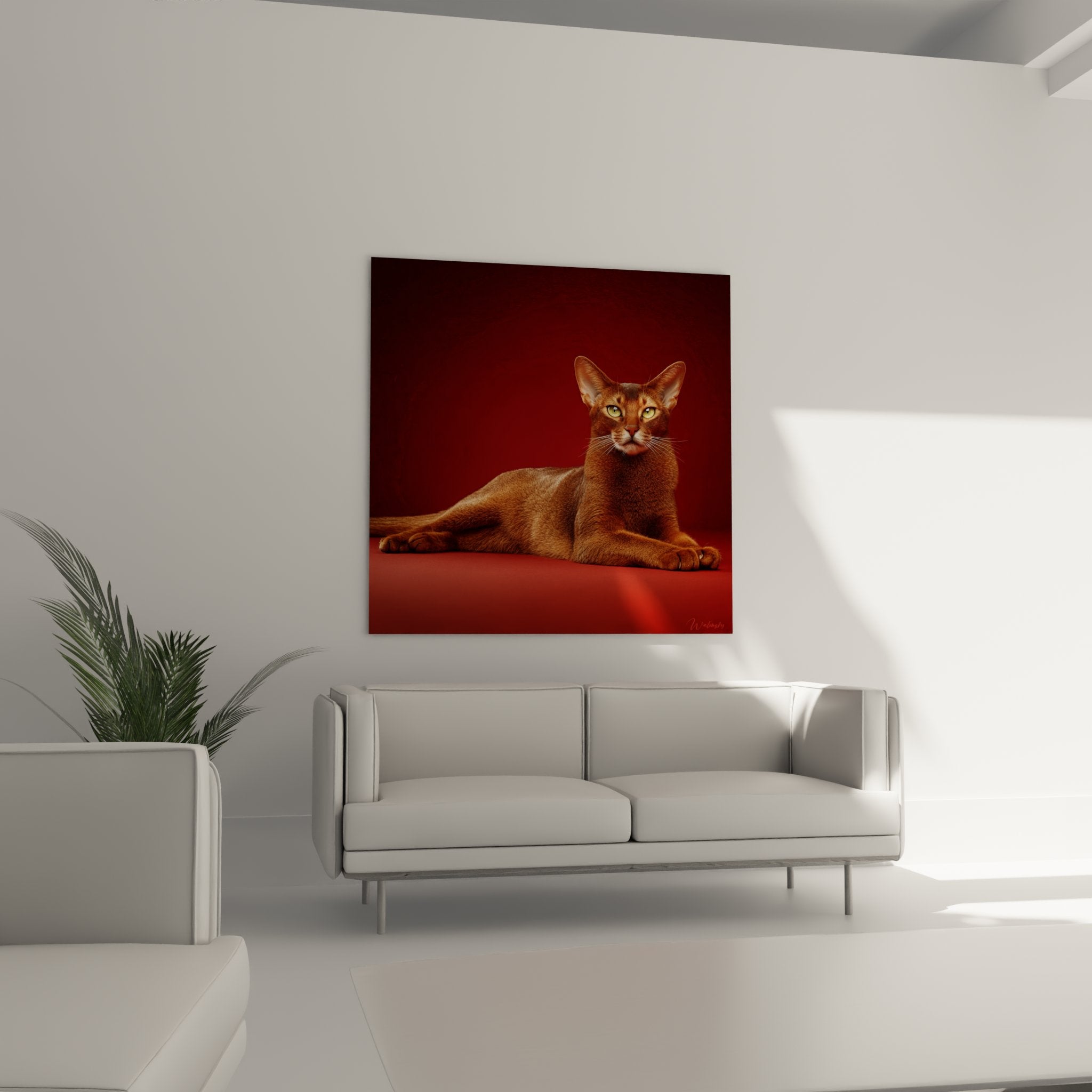 Primo piano ritratto gatto Abissino rosso, occhi verdi penetranti, mantello ramato dettagliato, arte murale felina