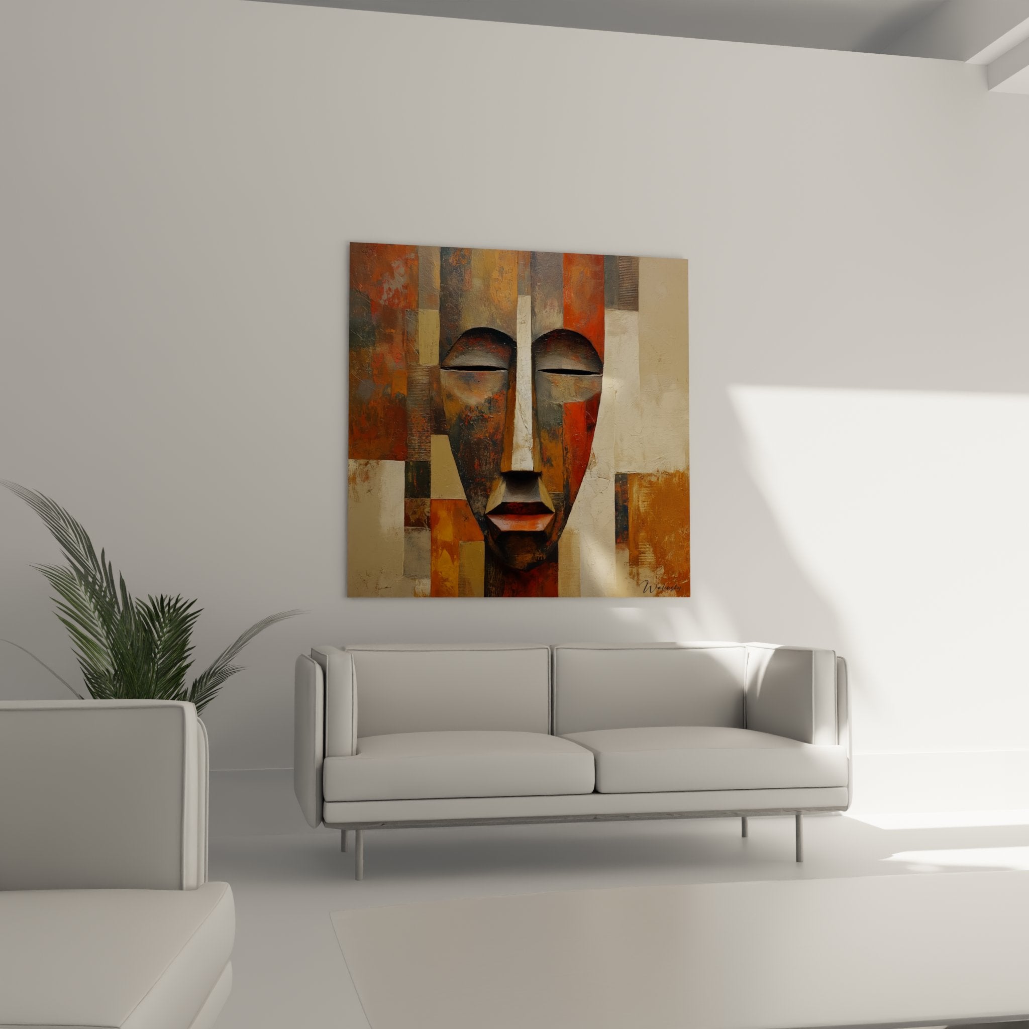 Dettaglio maschera cubista africana pittura texturizzata rilievo impasti ocra arancione arte tribale contemporanea