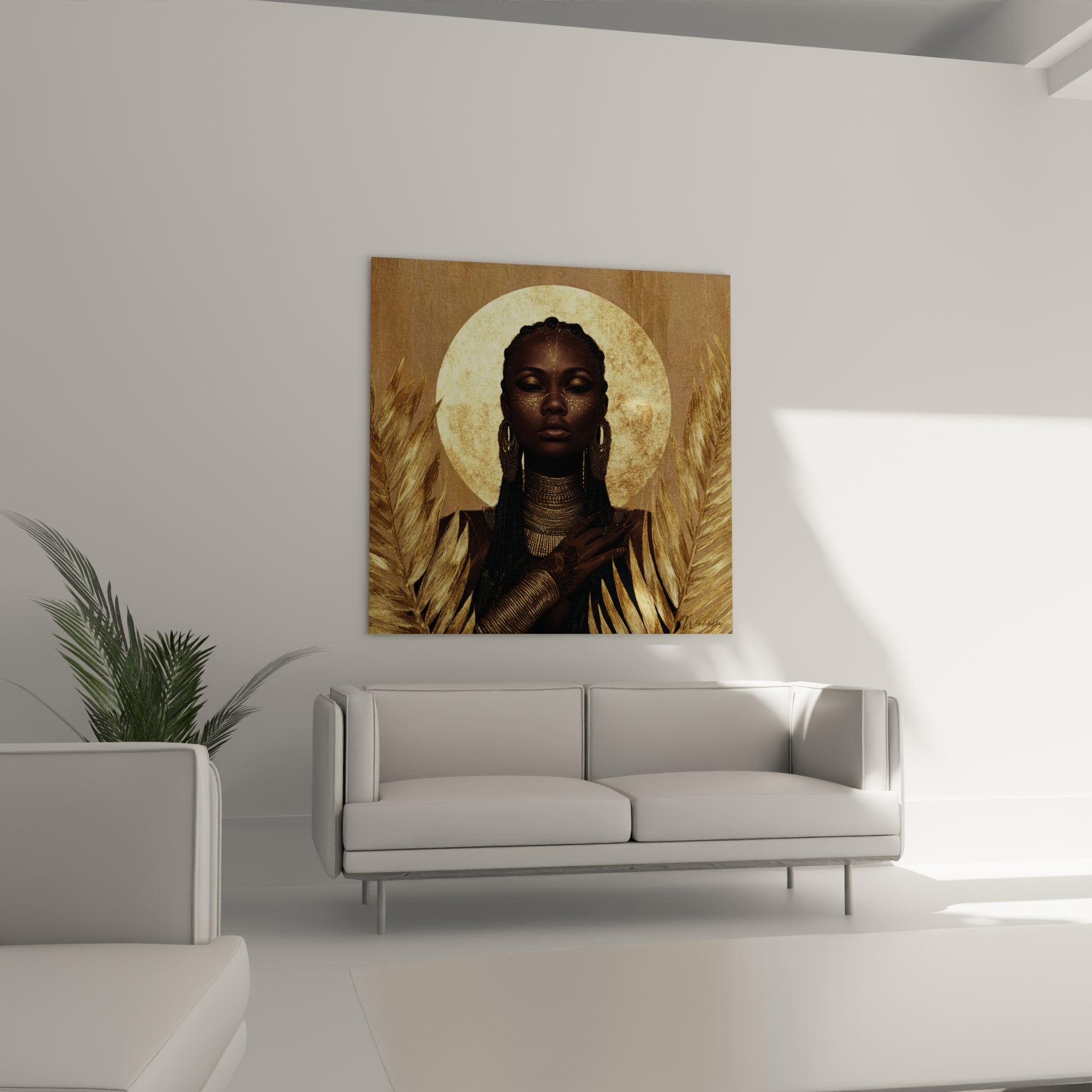 Dettaglio ravvicinato di ritratto dea africana, motivi dorati sul viso e gioielli tradizionali in oro