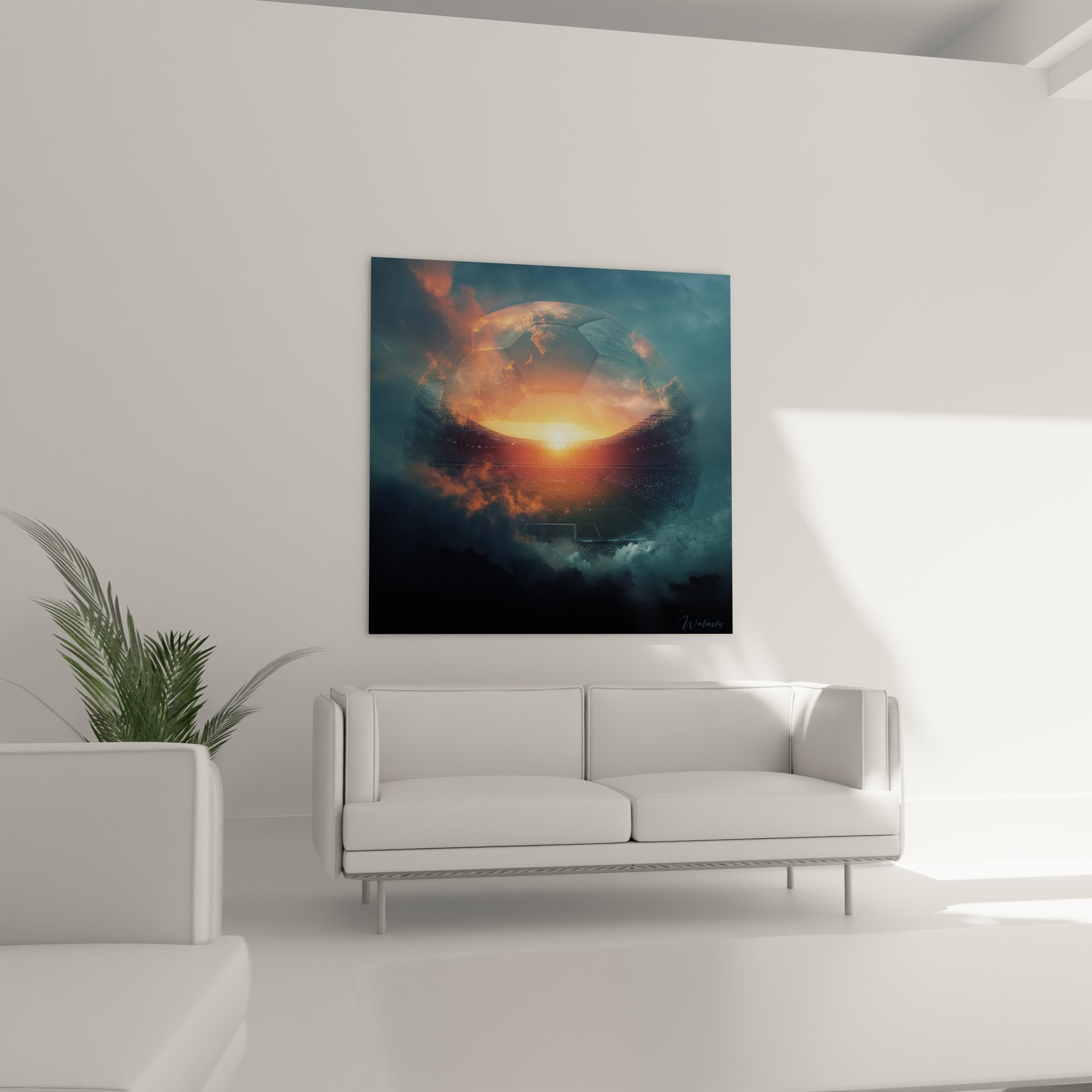 Gros plan tableau football artistique détails ballon transparent effets lumineux dorés et orangés