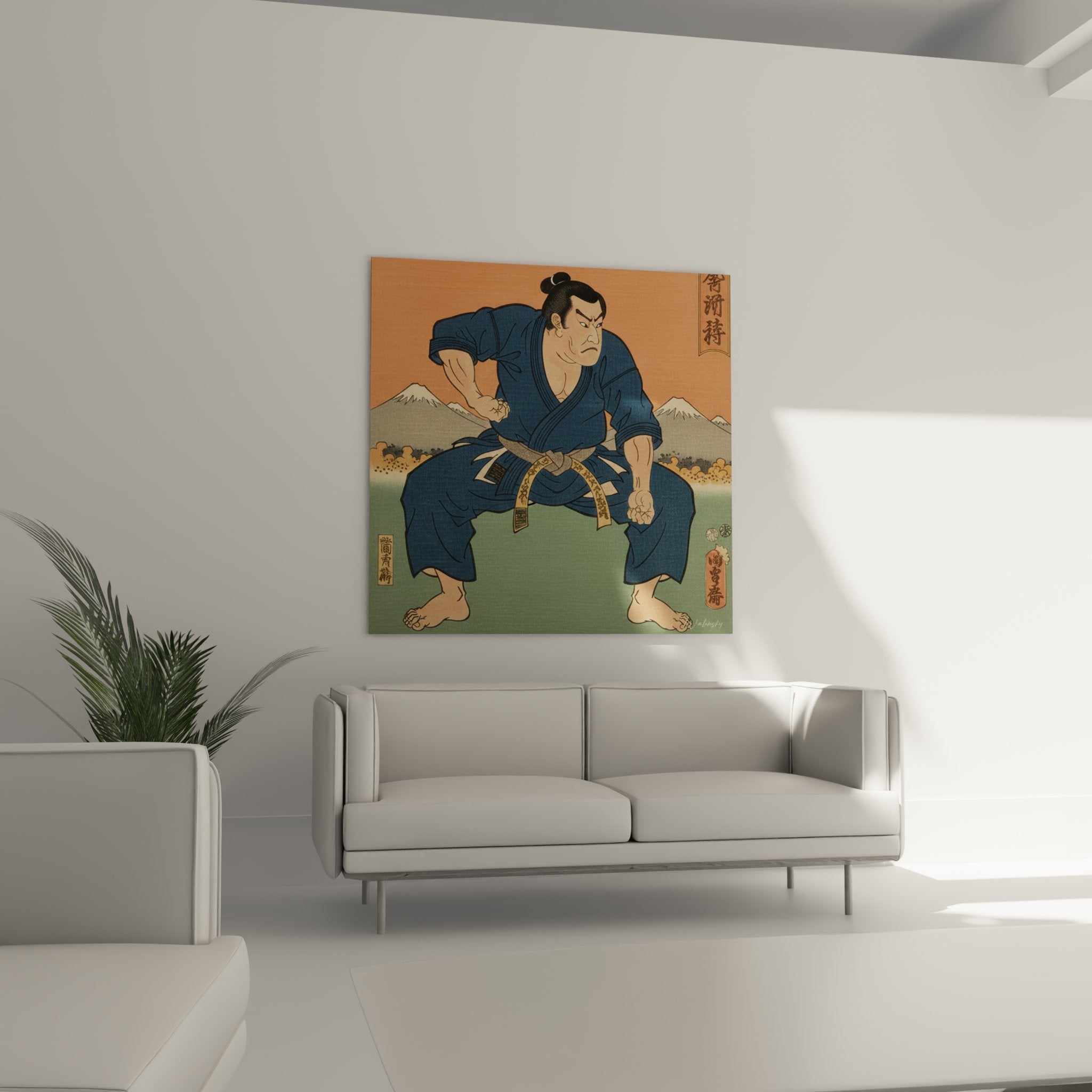 Détail du visage du samouraï montrant l'expression déterminée et les traits artistiques de l'estampe japonaise