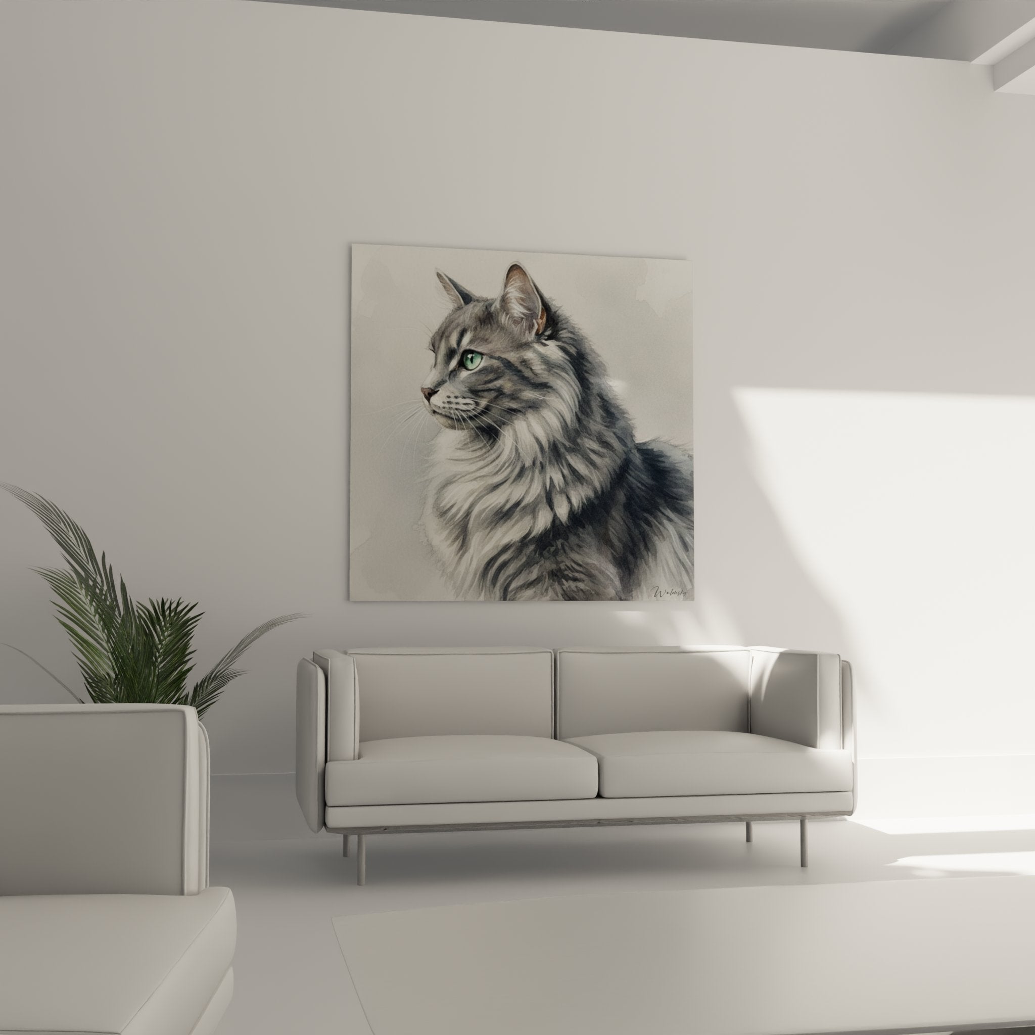 Nahaufnahme detailliertes Nebelung-Kätzchen, silberne Fellstruktur, durchdringende smaragdgrüne Augen, Premium-Tierkunst