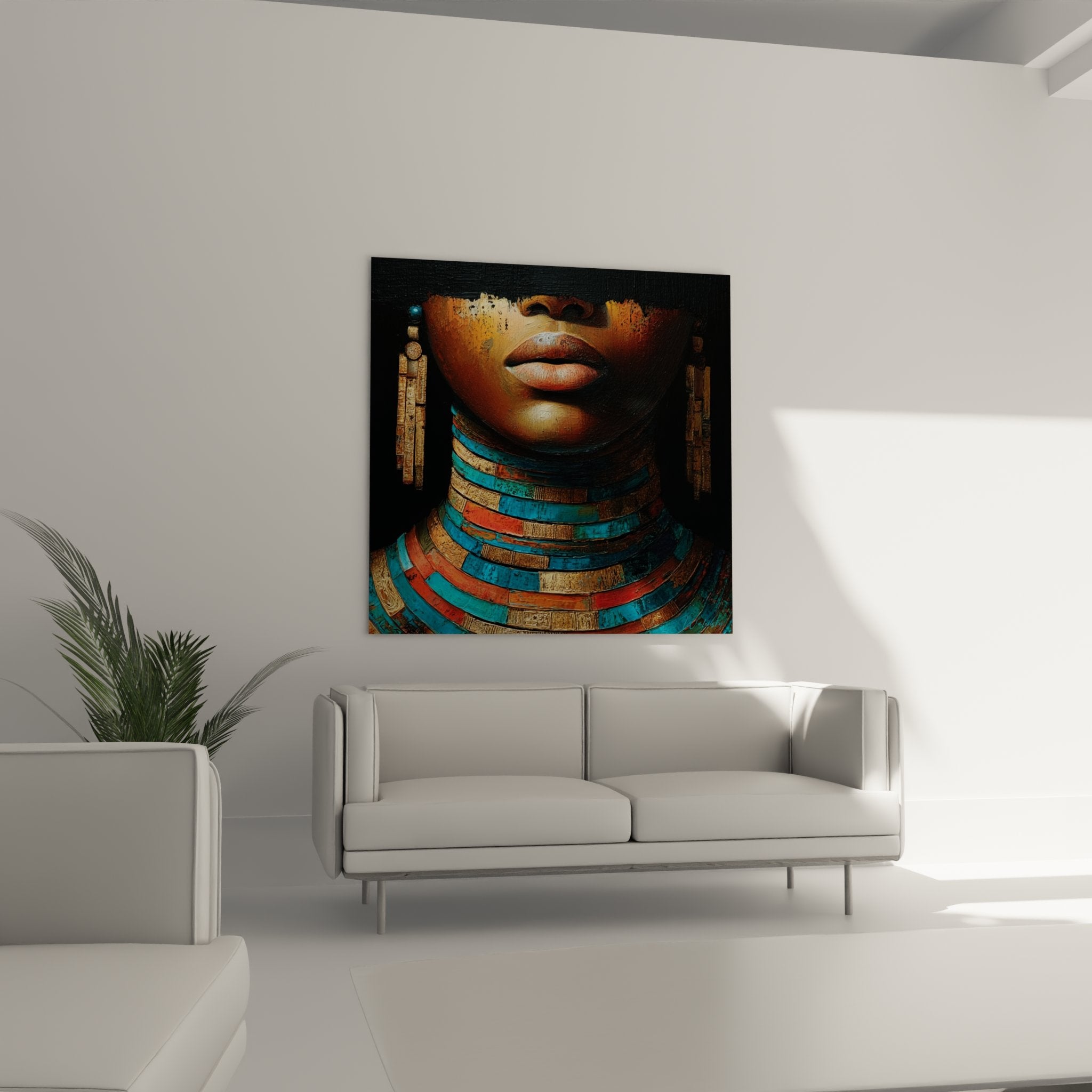 Dettaglio volto donna faraone africana labbra sensuali gioielli dorati arte ritratto etnico qualità