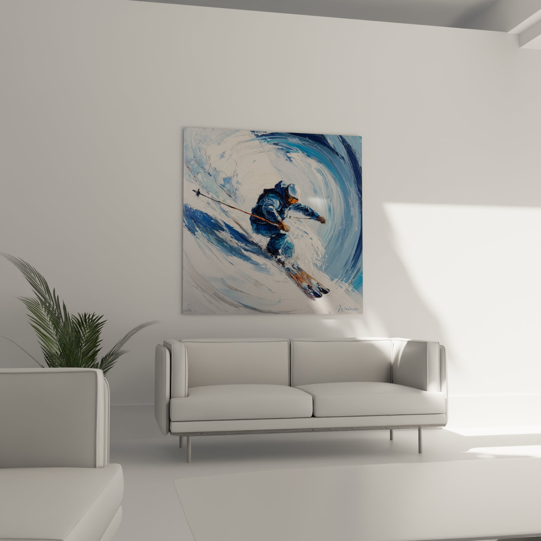 Détail peinture skieur avec technique gestuelle, combinaison bleue et skis orange sur neige