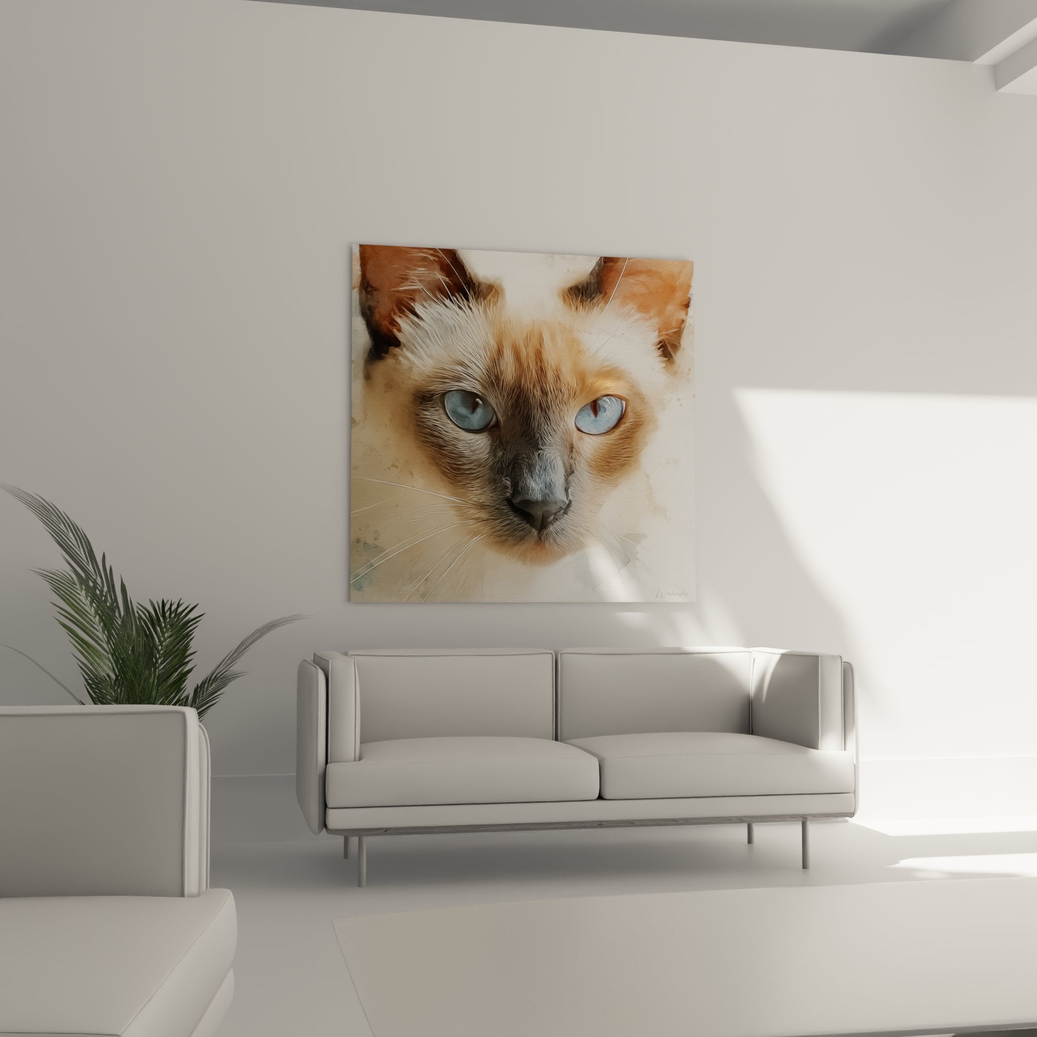 Gros plan portrait chat siamois tableau, detail yeux bleus perçants et pelage beige, art mural realiste