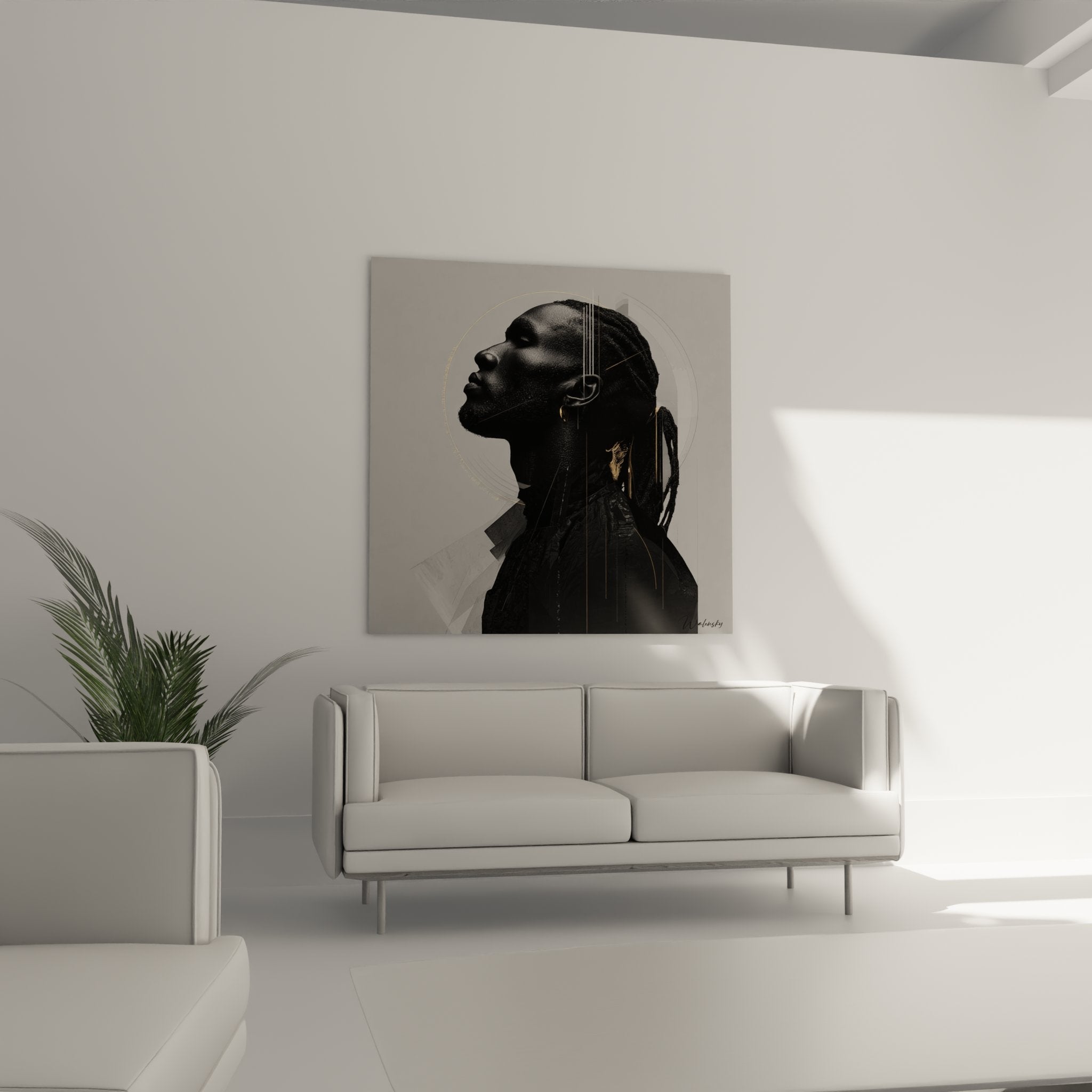 Dettaglio ritratto profilo africano che mostra tratti scolpiti ed elementi grafici dorati artistici