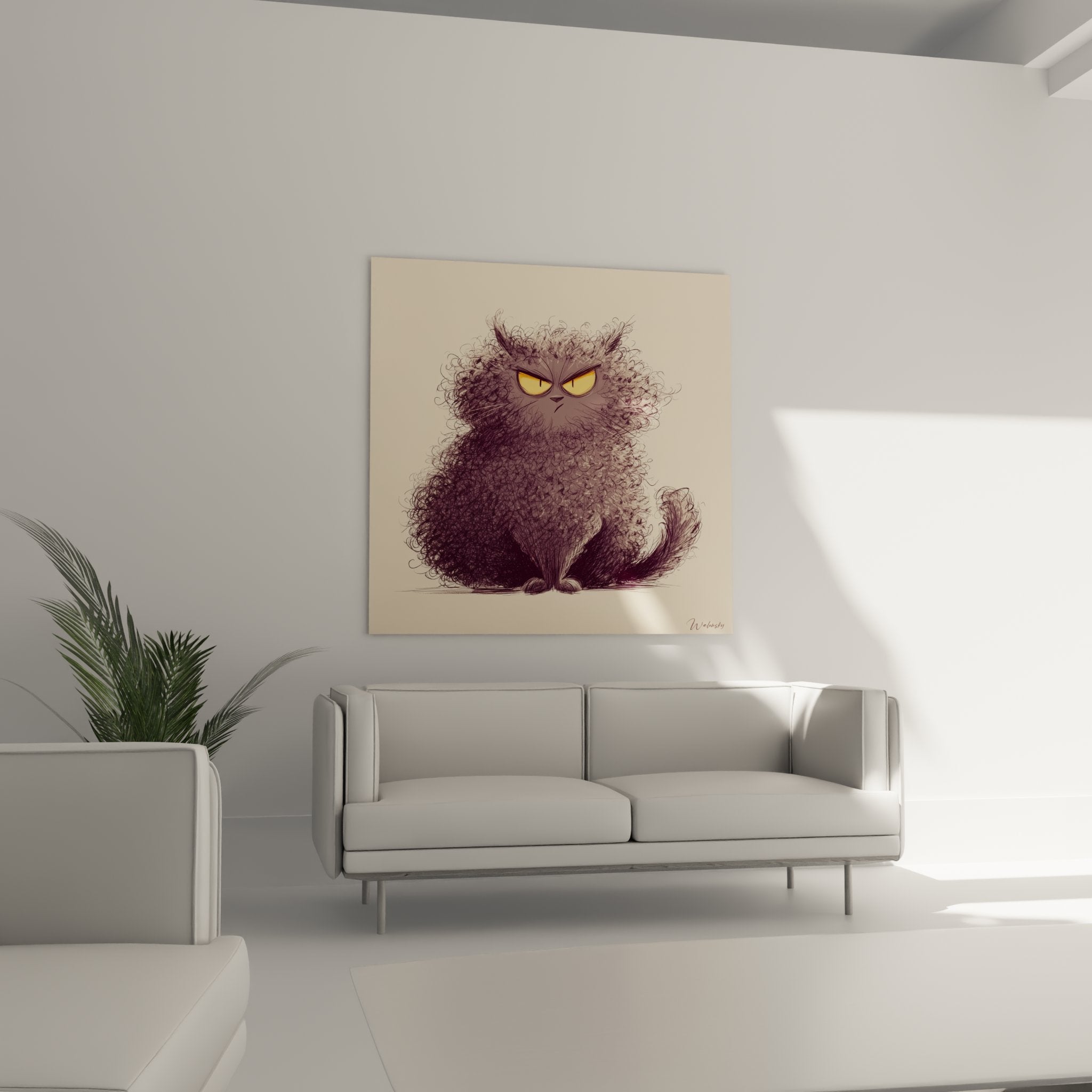 Gros plan sur tableau chat Selkirk Rex grognon montrant les détails du pelage frisé et des yeux dorés perçants