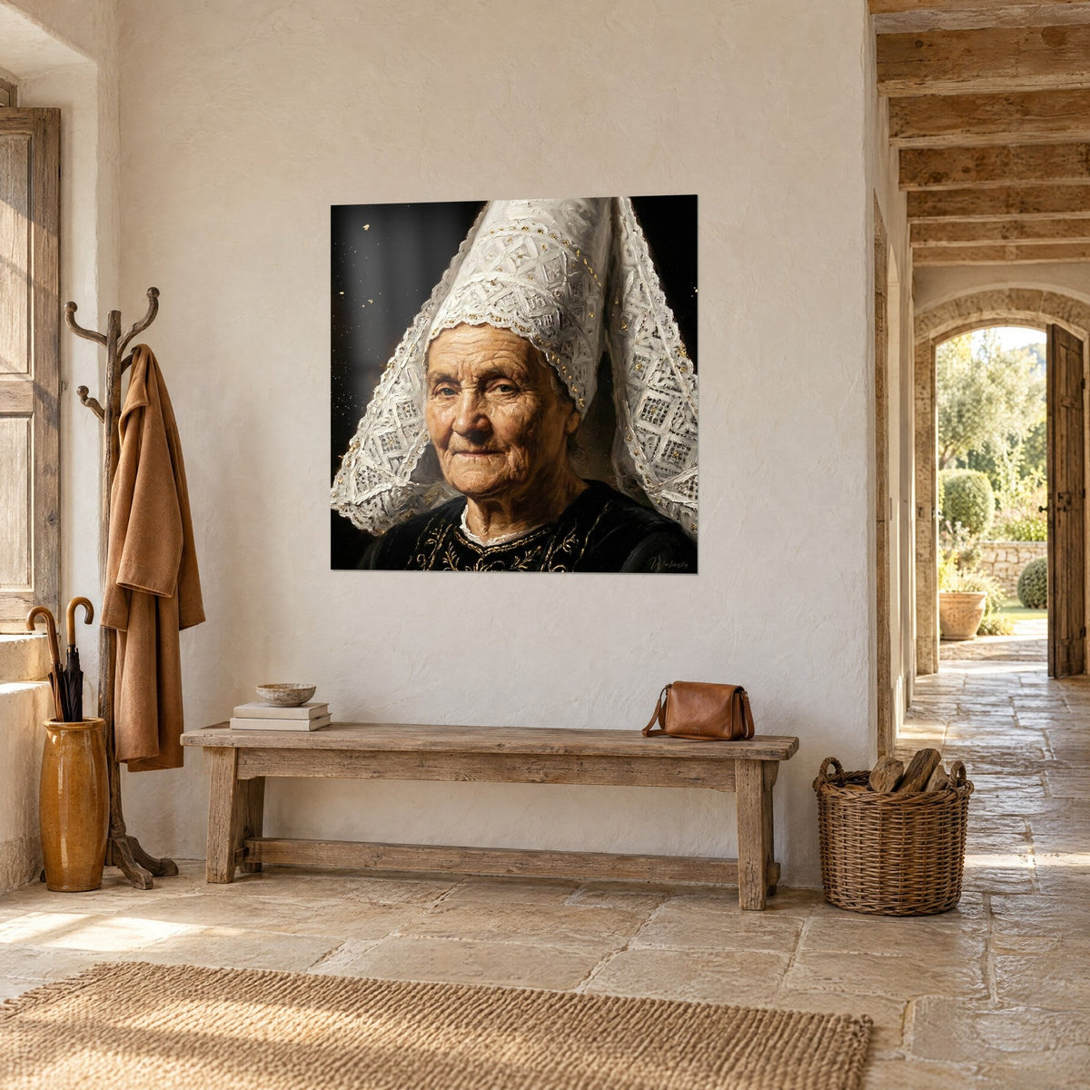 Cuadro de una abuela de rostro arrugado y sonrisa dulce, cofia de encaje marfil sobre fondo negro, pared beige, casa de piedra