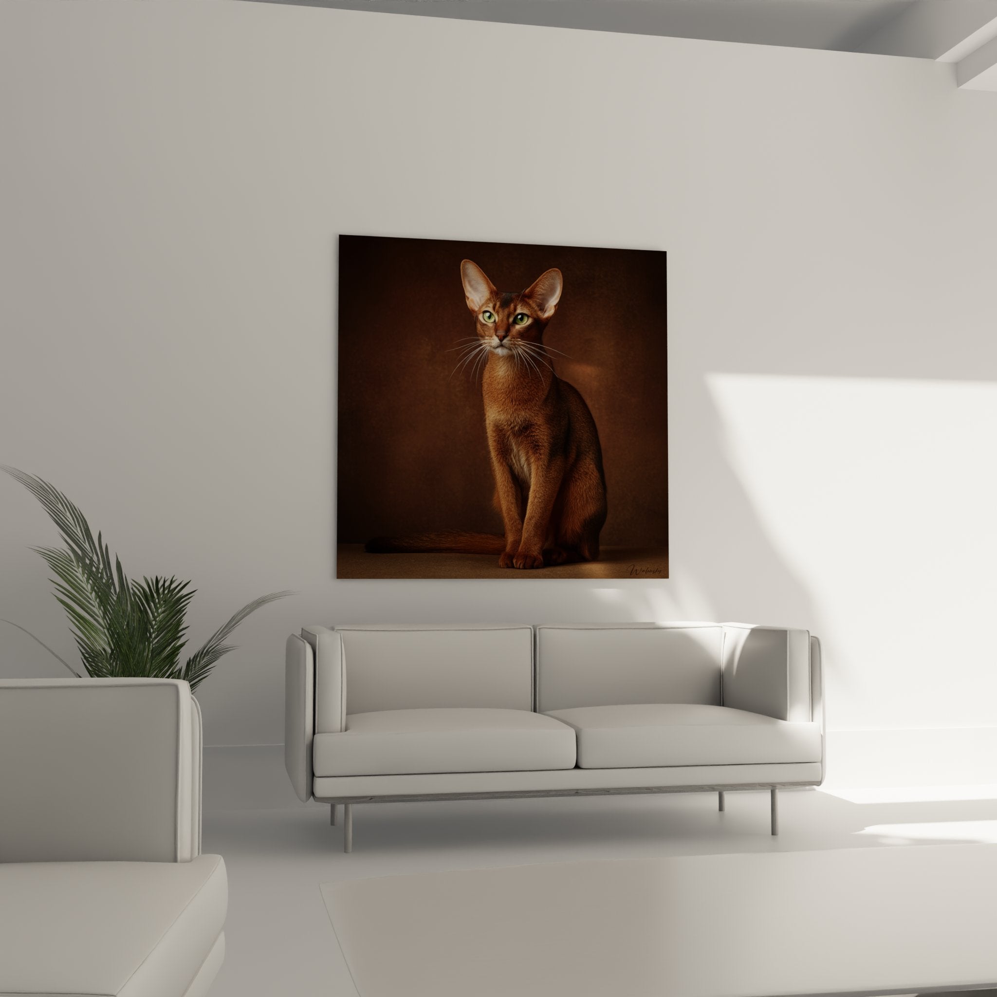 Gros plan tableau chat Abyssin montrant détails pelage roux et yeux verts perçants réalistes