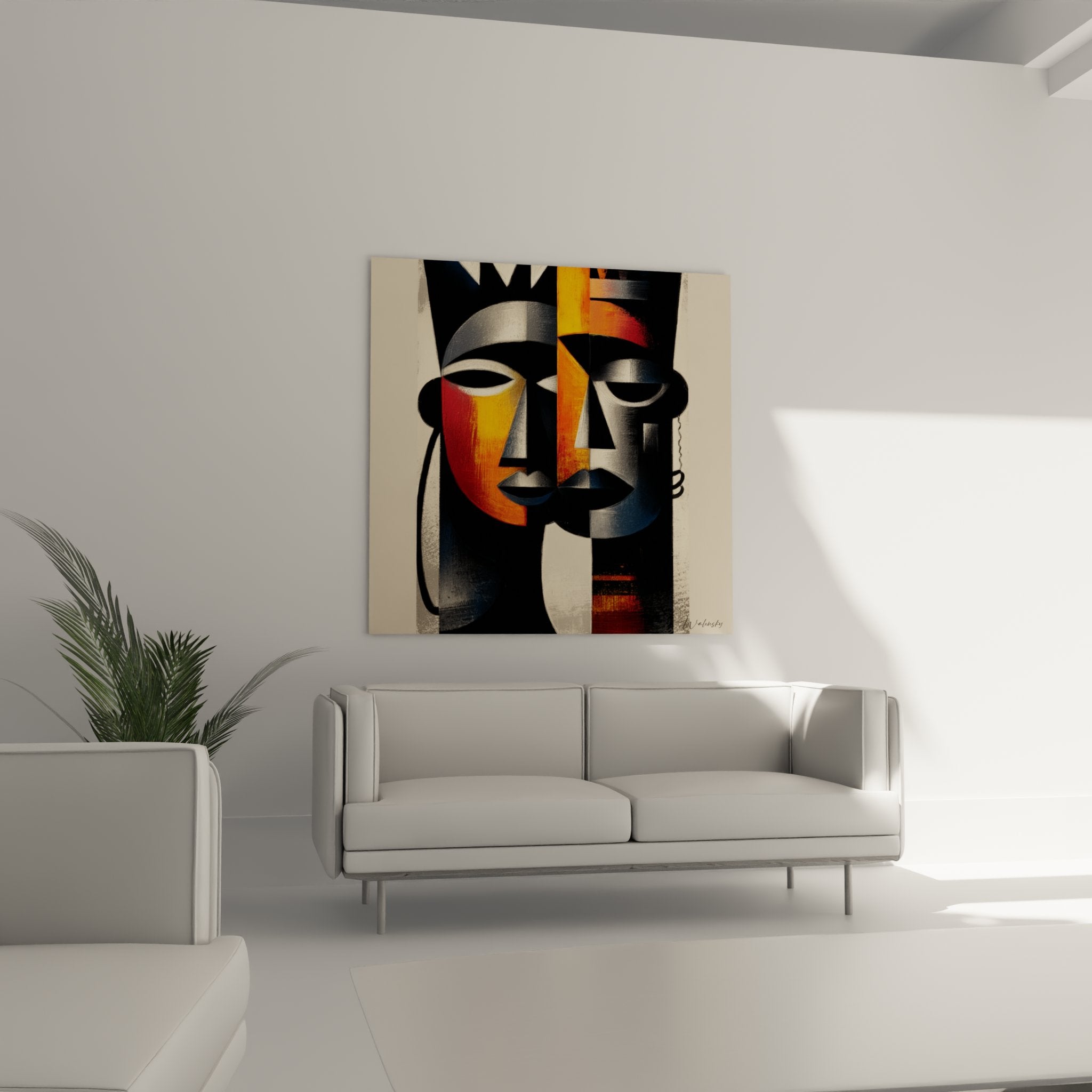 Detail African mask painted geometric colors orange red stylized strokes modern tribal art