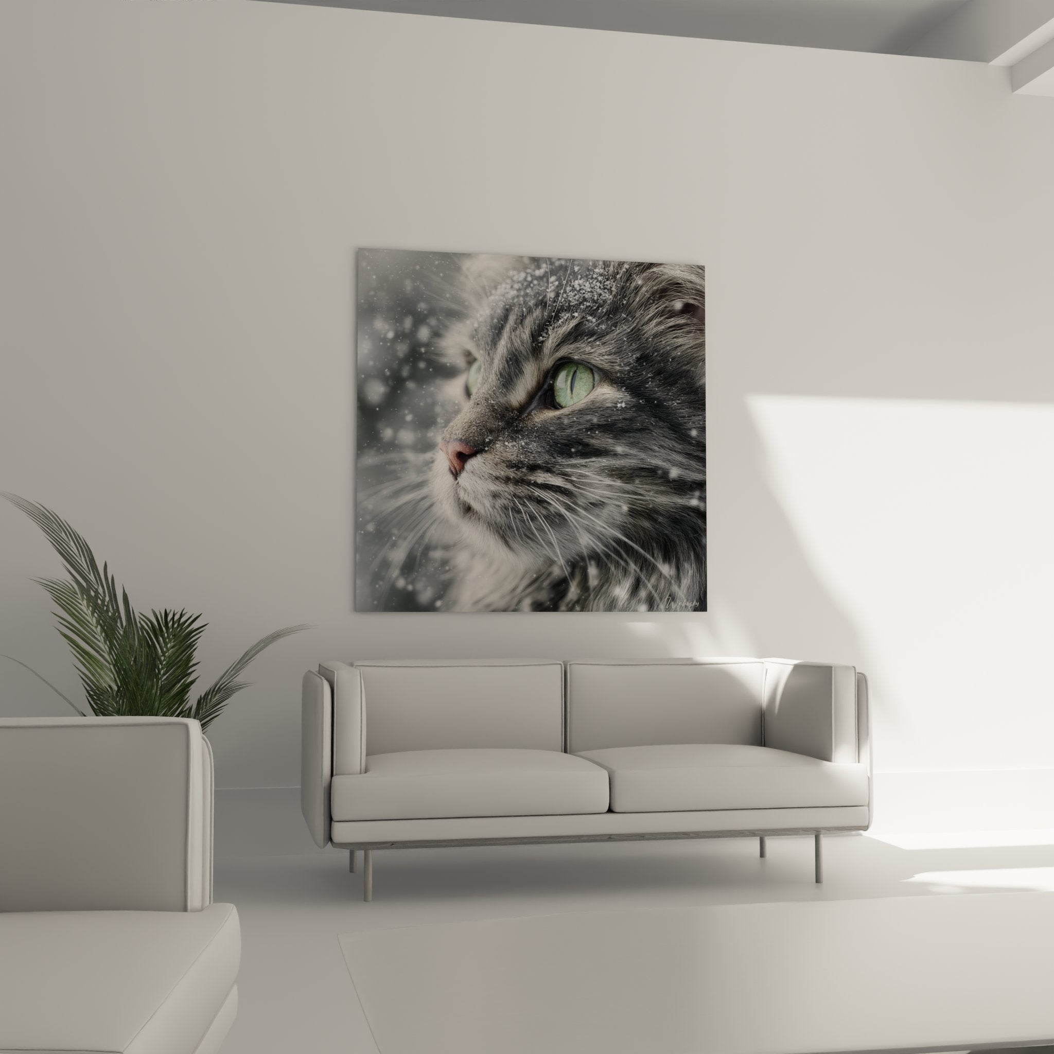 Nahaufnahme smaragdgrünes Auge American Bobtail Katze unter Schneeflocken, realistische Katzen-Wandkunst