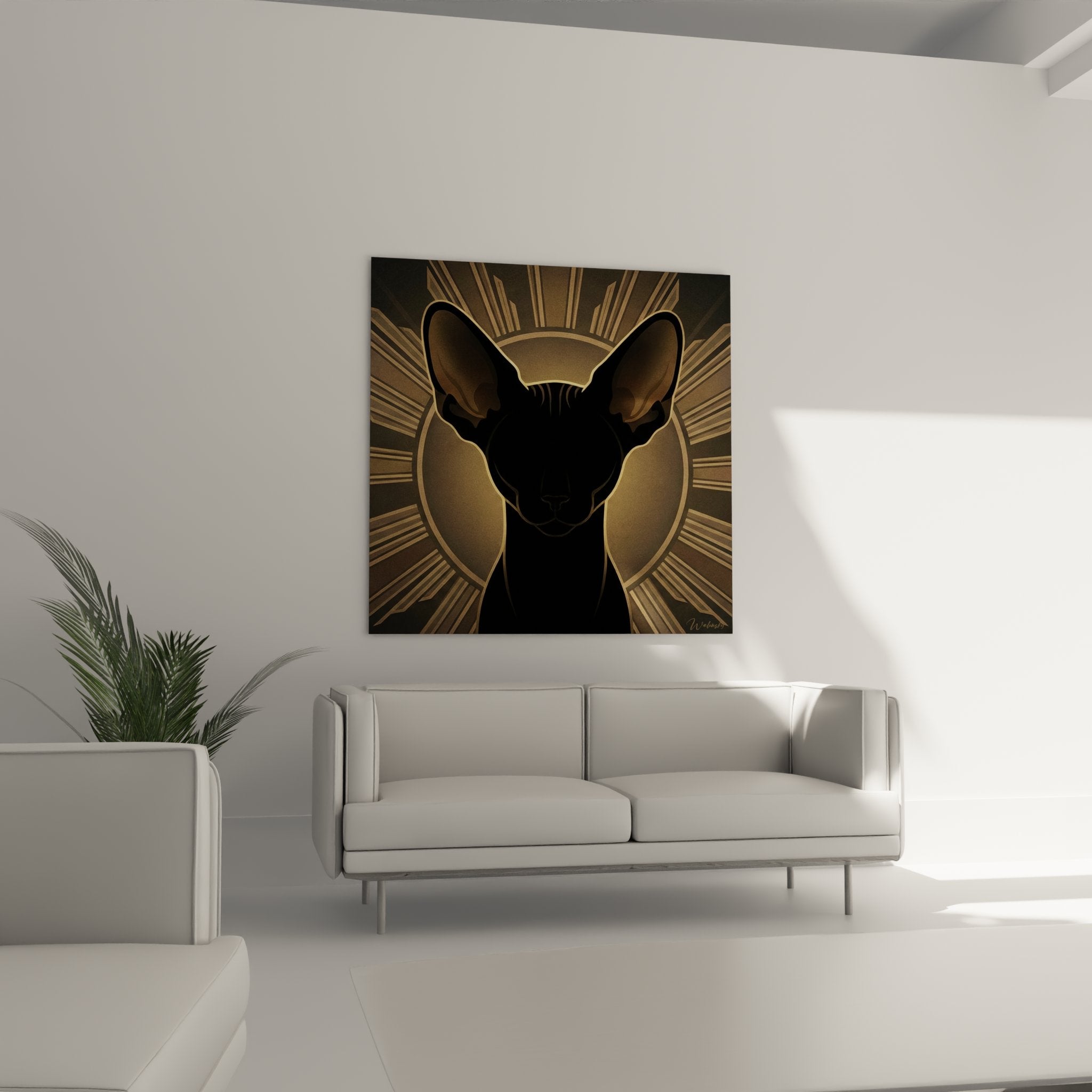 Dettaglio quadro gatto nero mistico, effetto raggi dorati Art Déco, orecchie grandi stile Cornish Rex