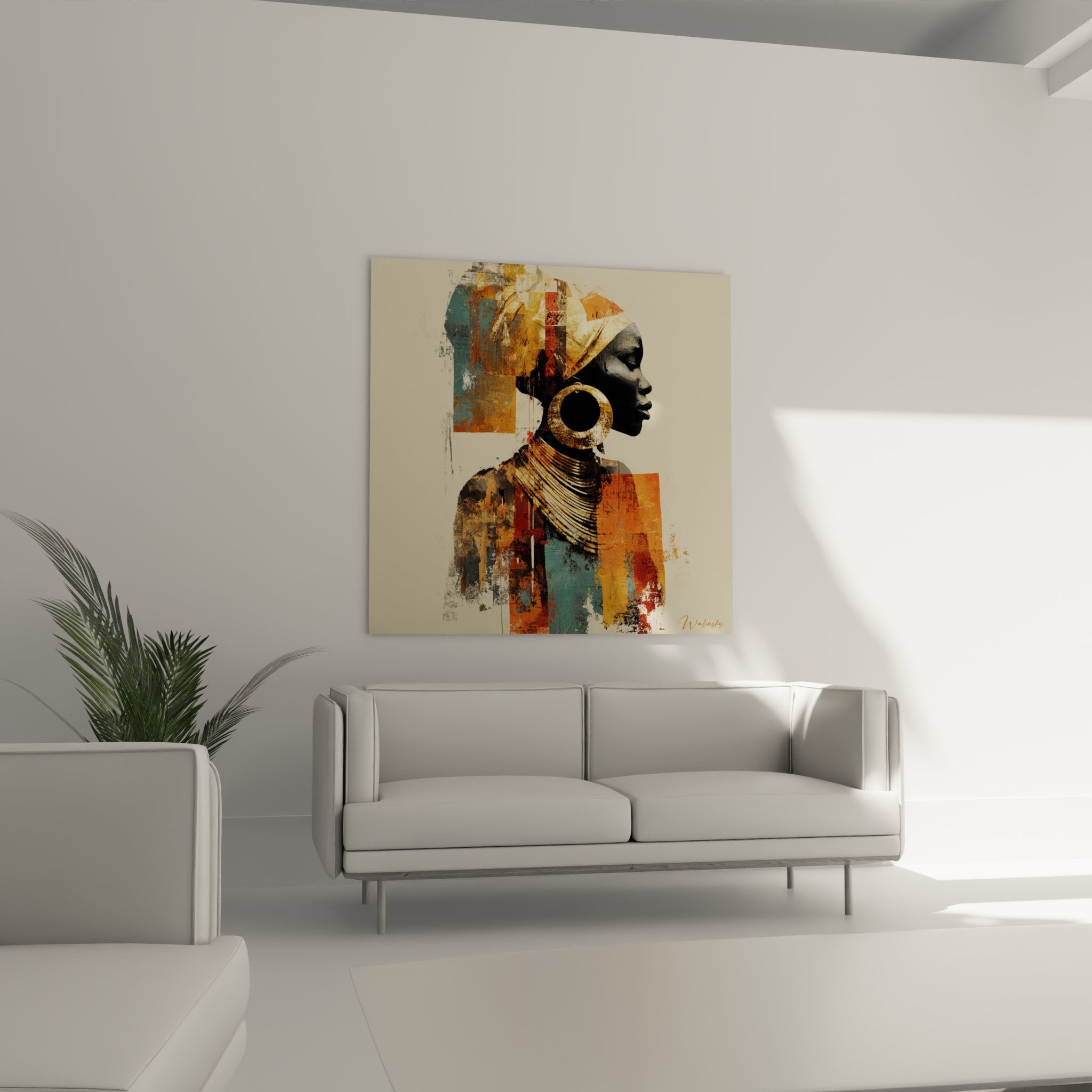 Dettaglio del ritratto che mostra i gioielli dorati tradizionali e la tecnica mista pittura-collage