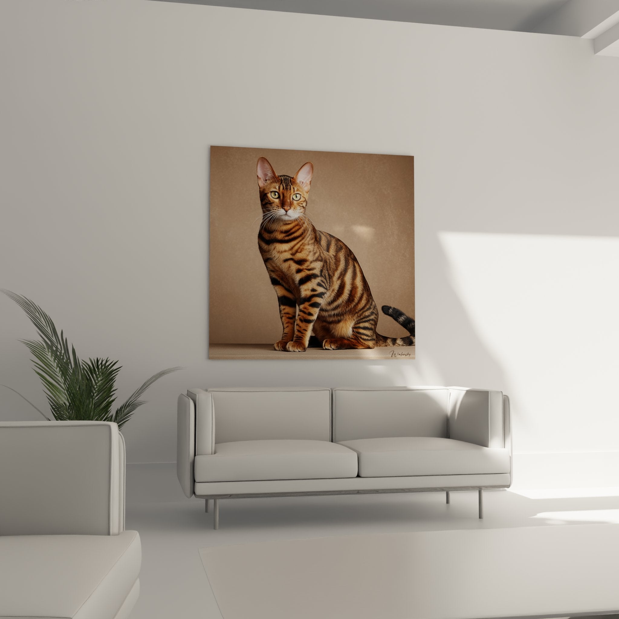 Nahaufnahme der Details des Toyger-Katzen-Kunstdrucks, gestreiftes Fellmuster und fesselnder grüner Blick