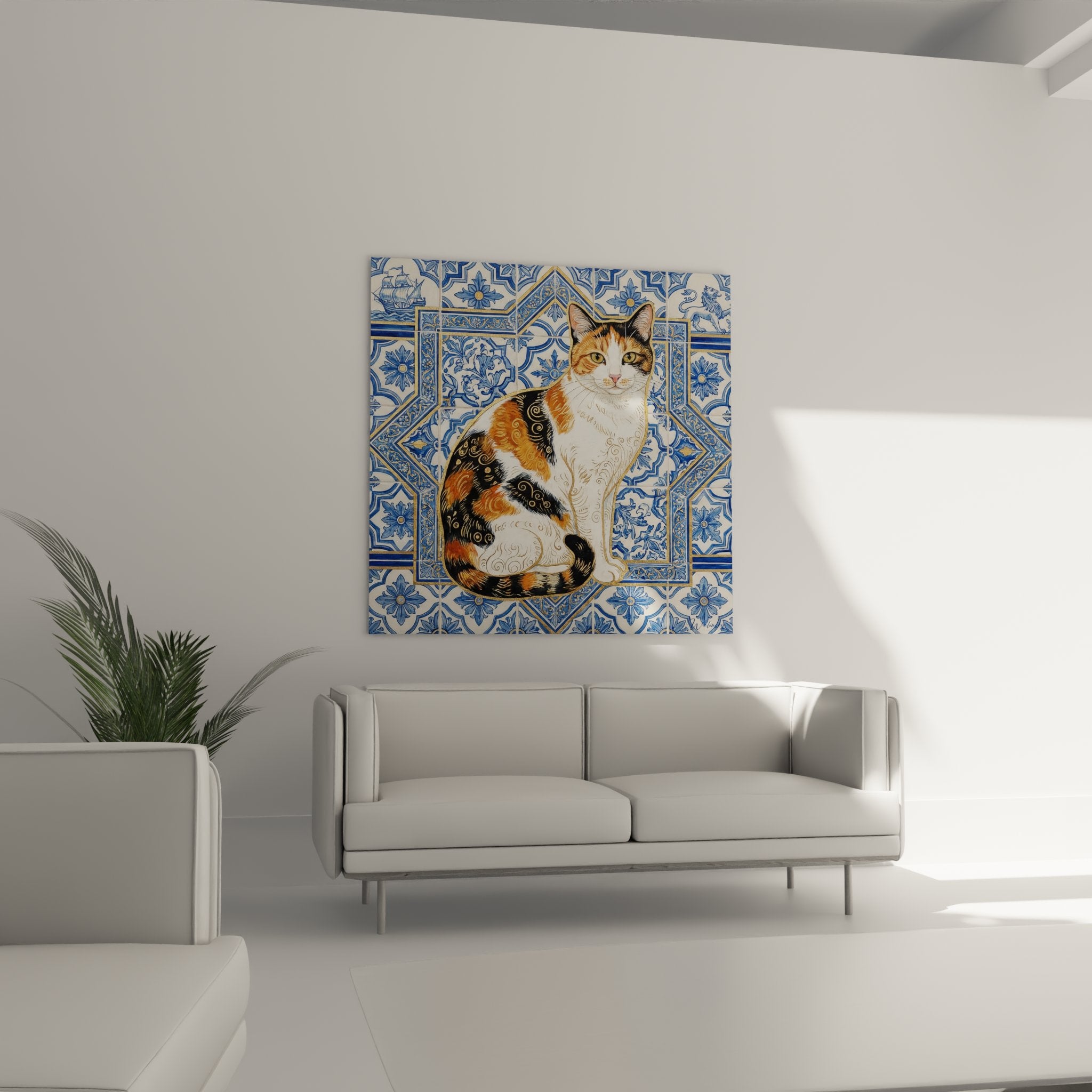 Detailaufnahme des Fells einer rot-schwarzweißen Europäisch Kurzhaar Katze mit goldenen Spiralen auf blauen Fliesen Azulejos
