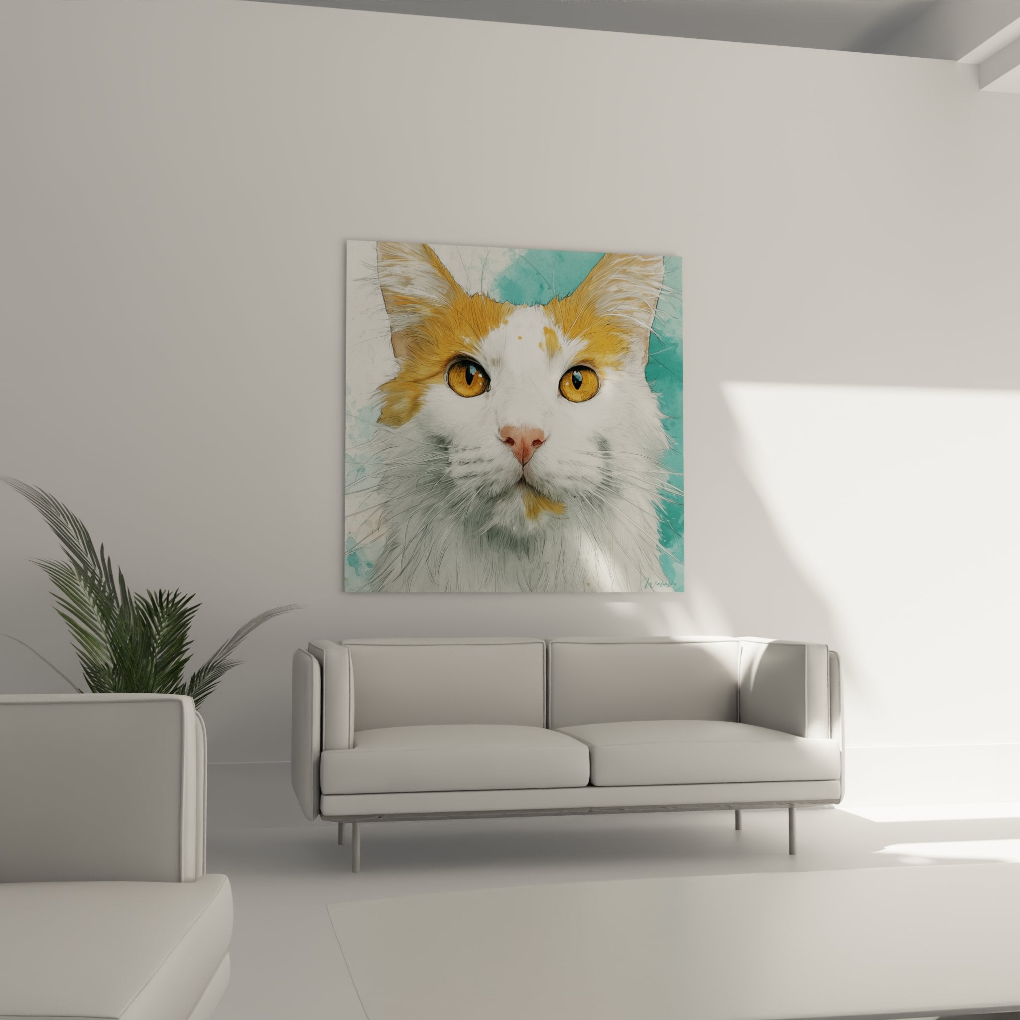 Détail gros plan portrait chat Turkish Van yeux dorés pelage blanc roux art mural qualité