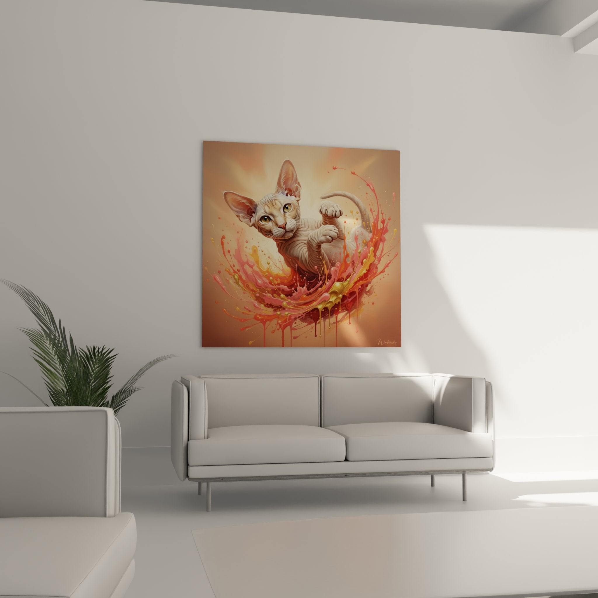 Détail rapproché tableau chat Peterbald montrant technique peinture fluide et éclaboussures colorées