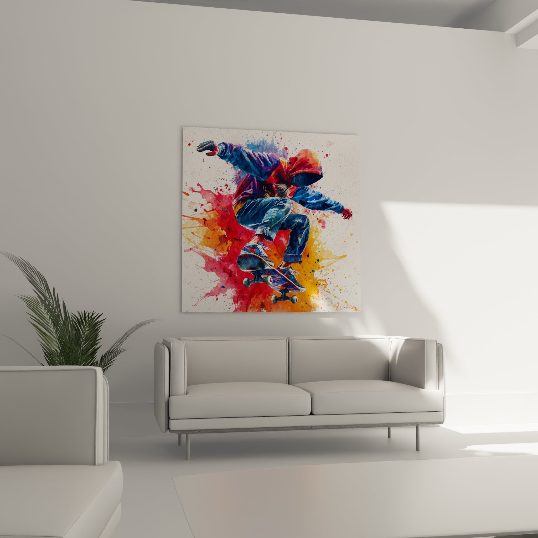 Detail rapproche tableau skateur technique aquarelle eclaboussures peinture rouge bleu art skateboard mural