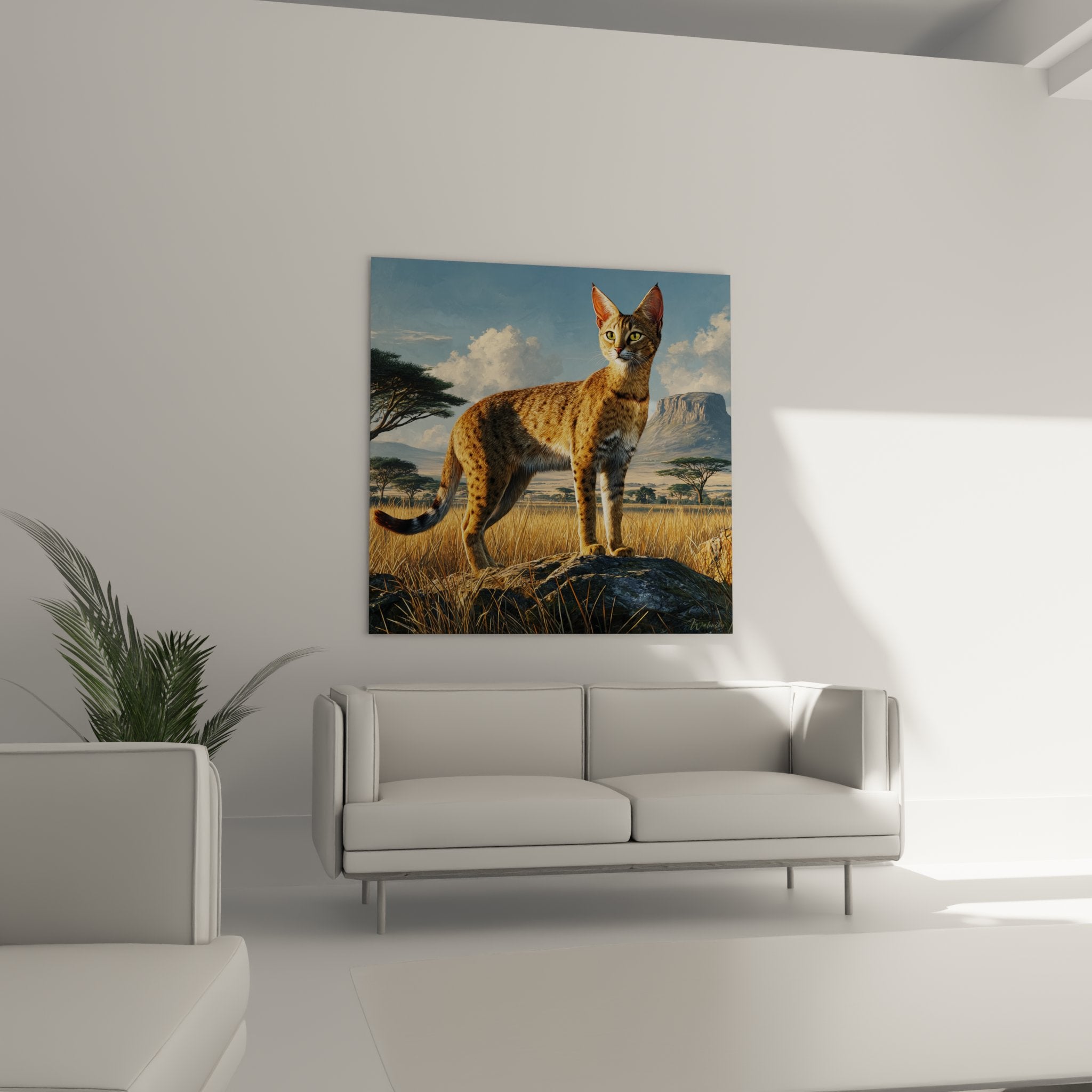 Dettaglio primo piano gatto Serengeti mantello maculato oro marrone occhi verdi penetranti orecchie dritte vigili