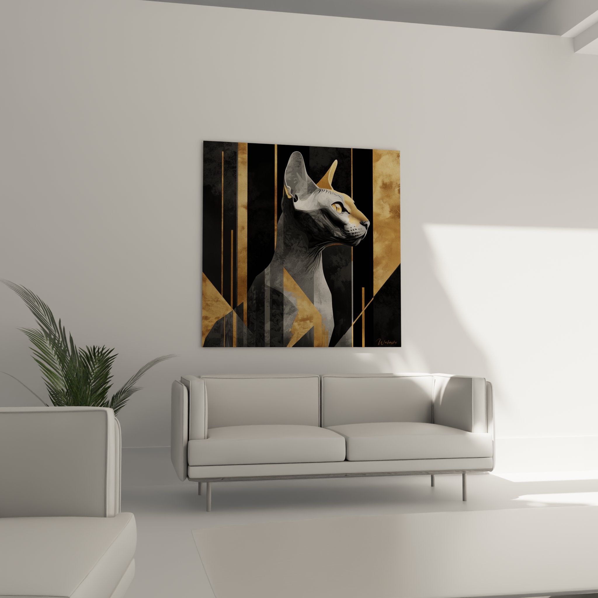 Primo piano su quadro gatto Peterbald che mostra dettagli artistici dorati e texture pittura art déco moderna