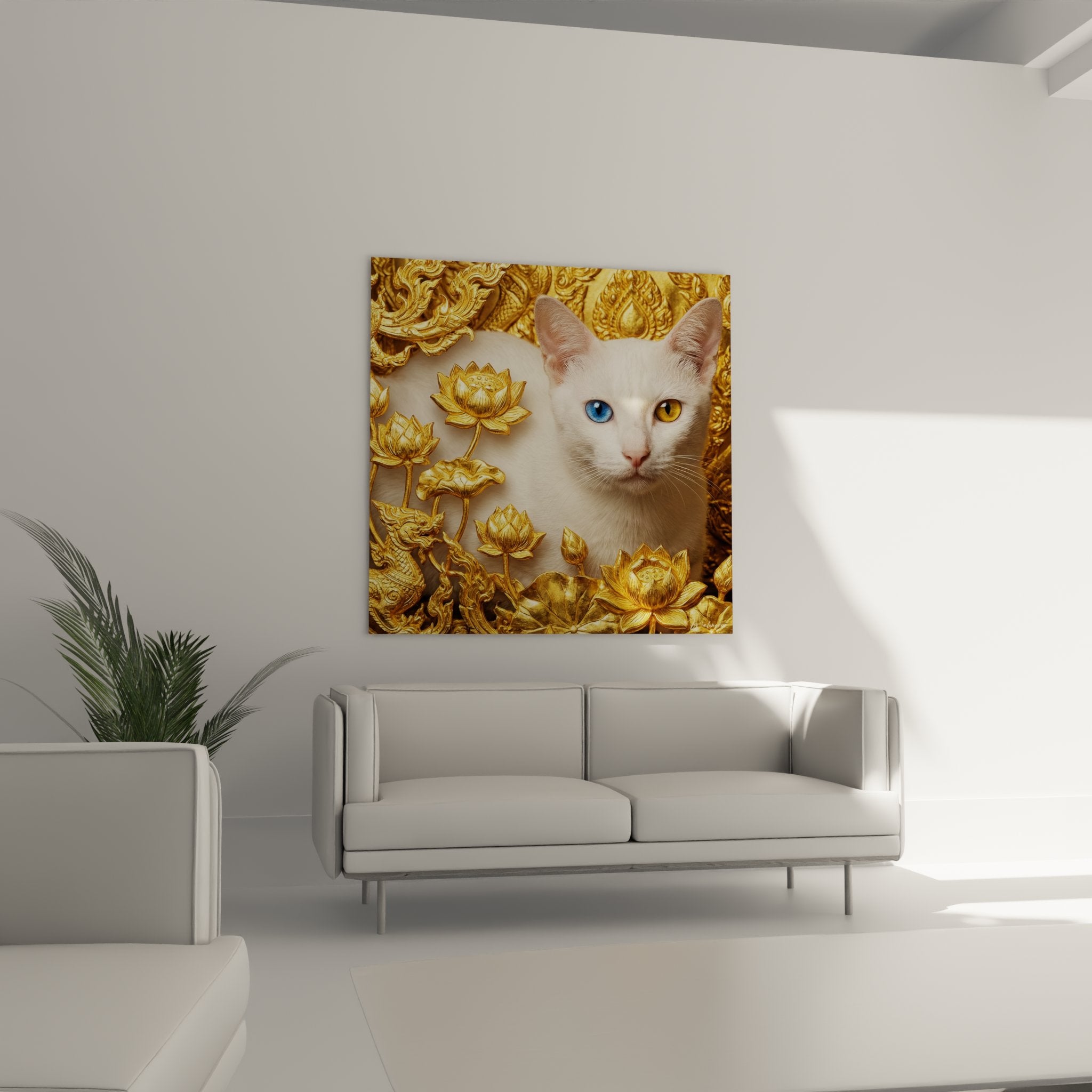 Gros plan yeux vairons chat Khao Manee bleu et ambre details lotus dores relief artisanat thailandais luxueux