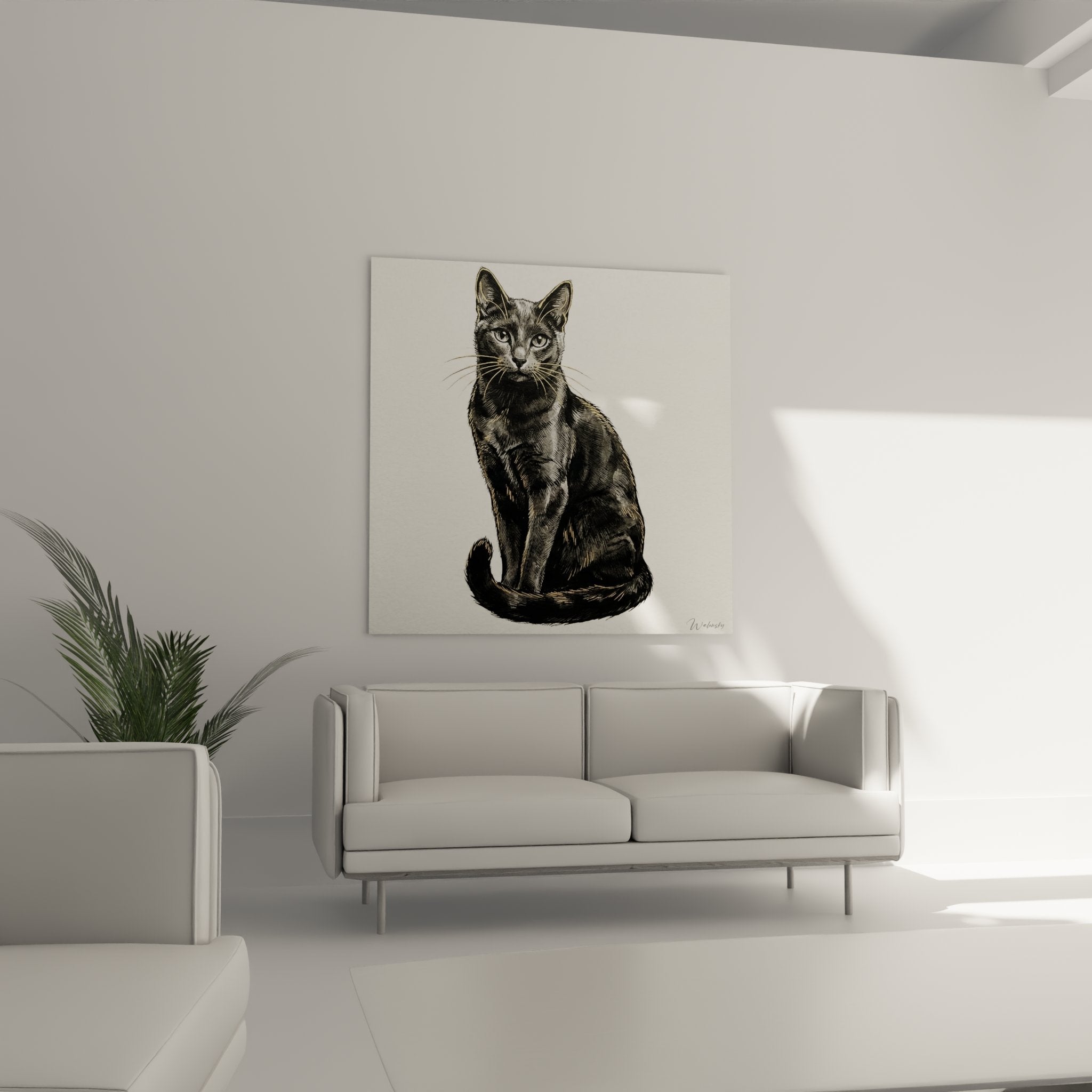 Détail tableau chat Russian Blue portrait gros plan yeux verts pelage gris argenté art animalier qualité