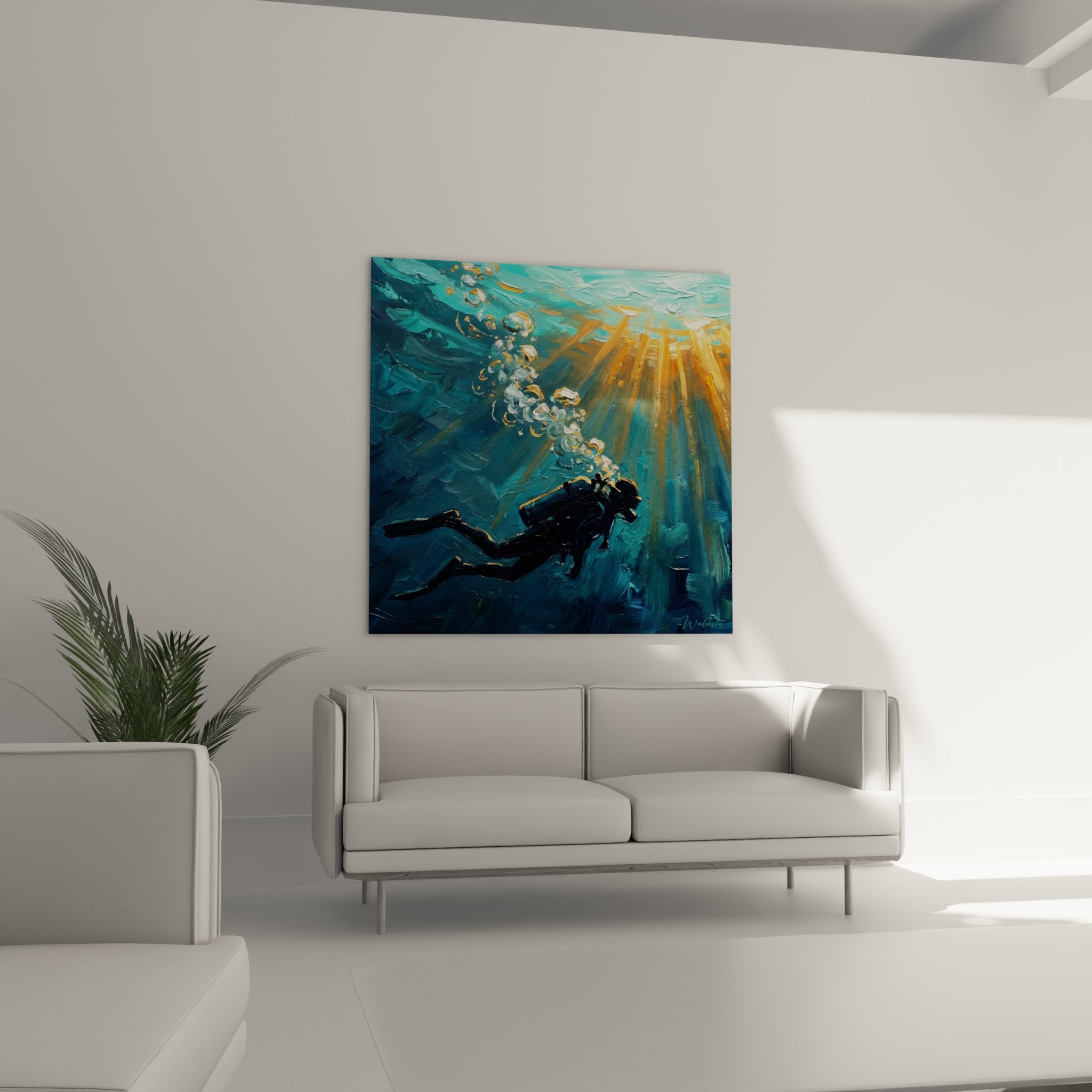 Detail of impasto painting with bubbles and golden light rays in underwater diving art canvas
