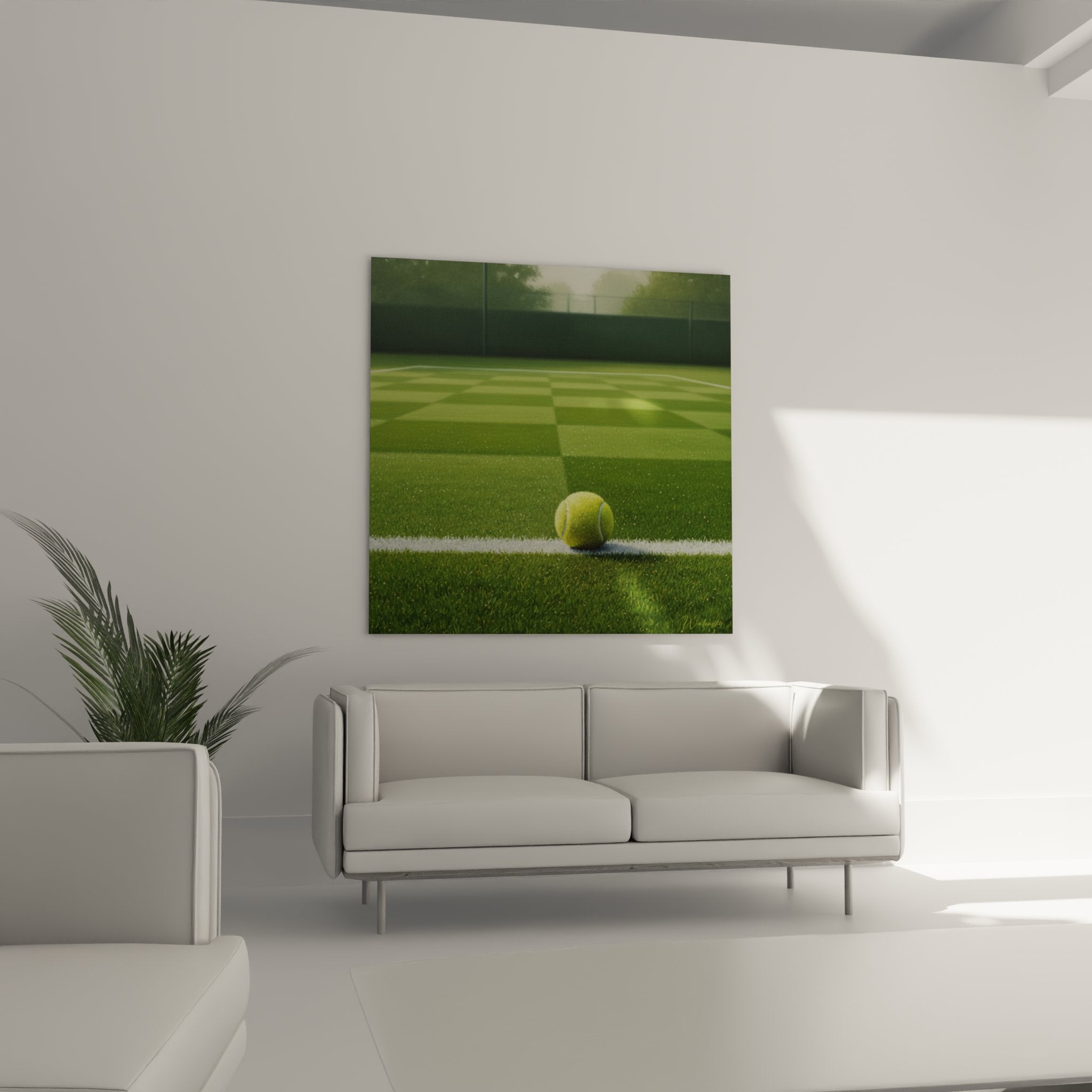 Dettaglio ravvicinato di pallina da tennis gialla texture su superficie verde del campo con linea bianca