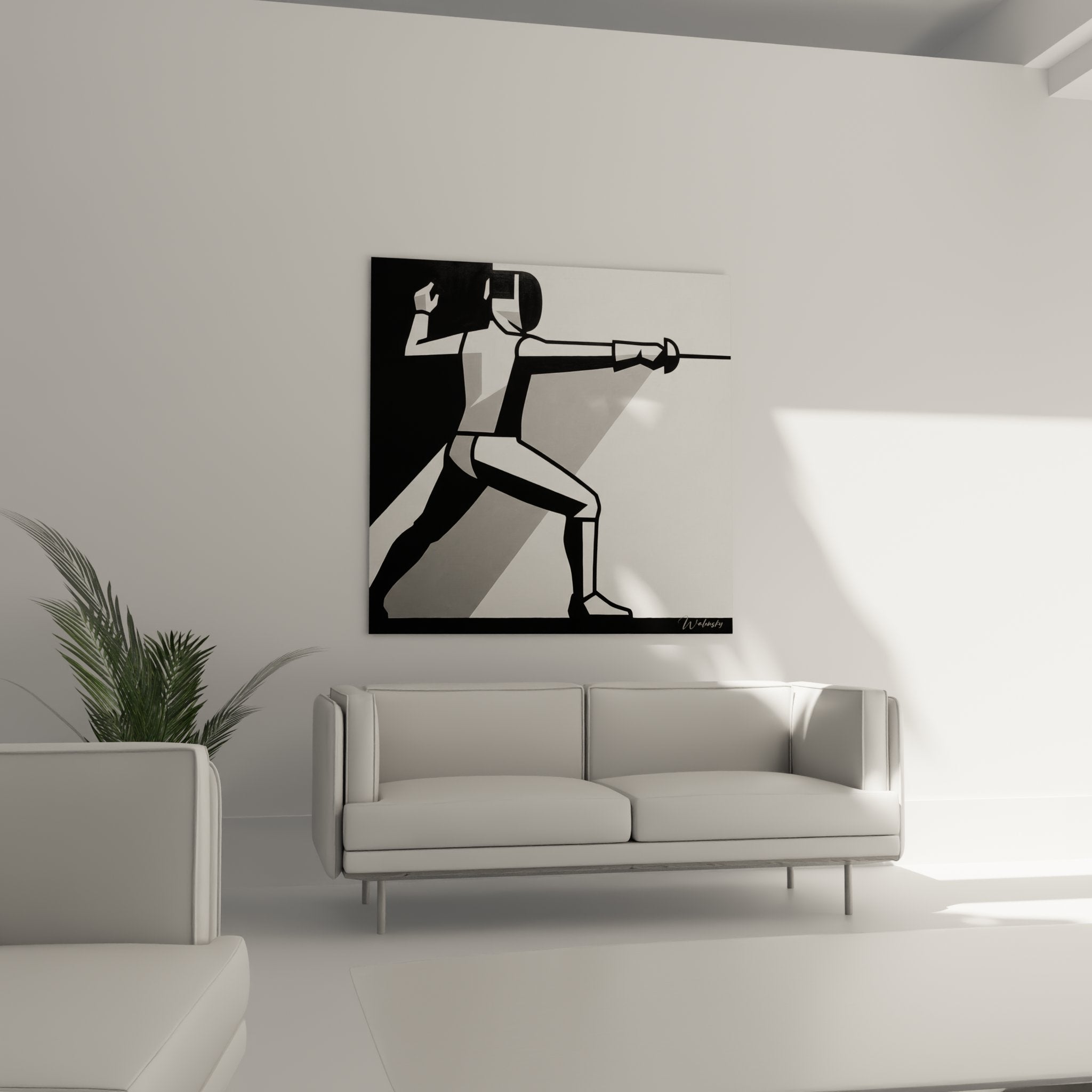 Modern fencing artwork detail, fencer wall sculpture in guard position, contemporary black and white art