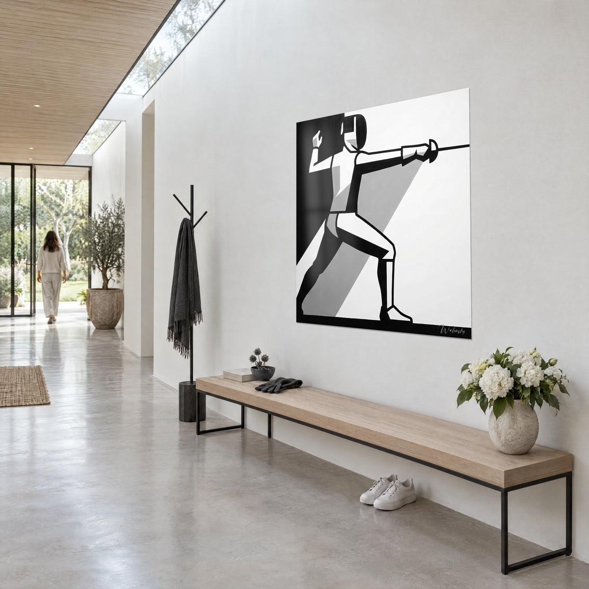 Tableau tireur à l'épée masqué, lame fine et ombre grise en diagonale, noir et blanc graphique, dans un couloir d'architecte