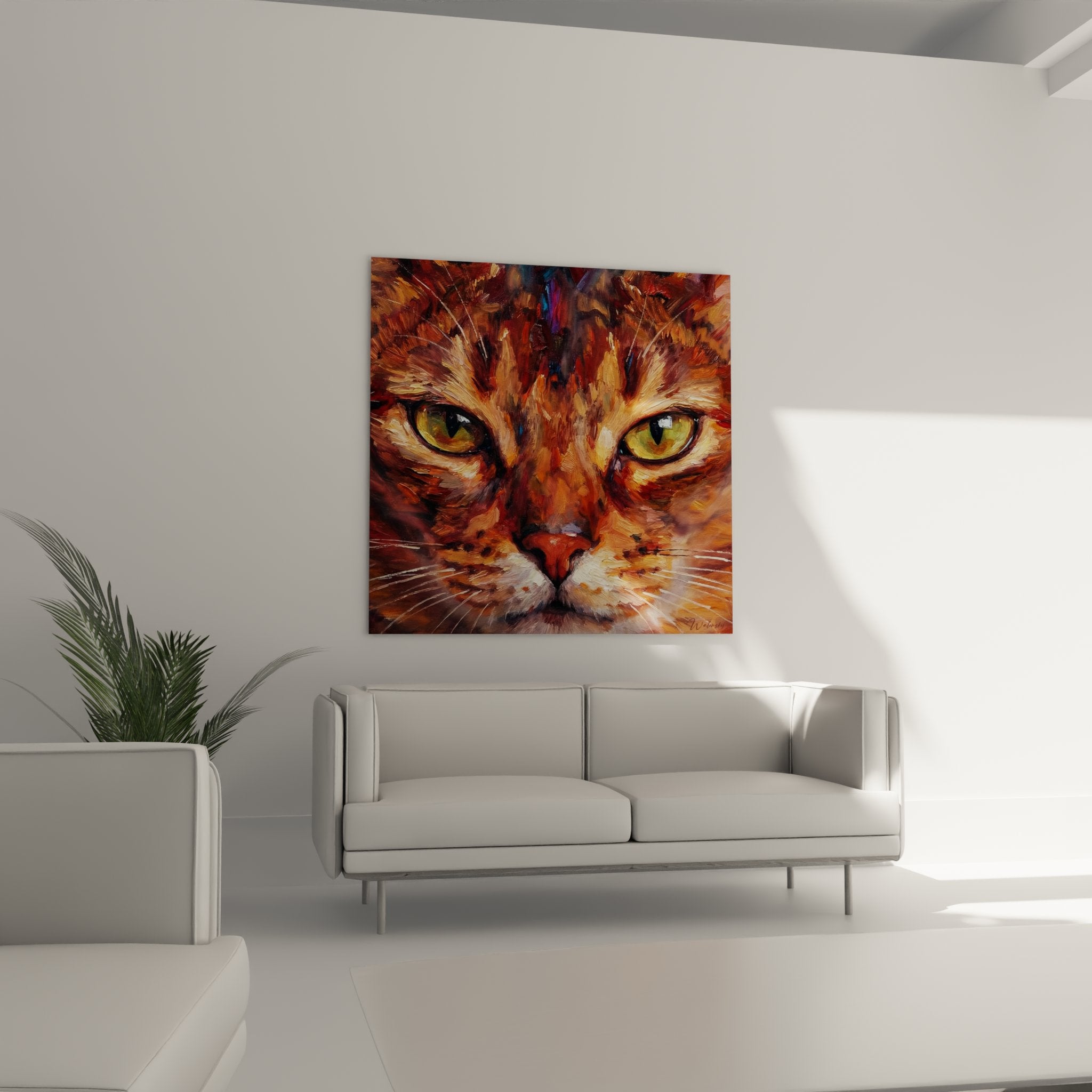 Dettaglio primo piano quadro gatto rosso, texture pittura visibile occhi verdi espressivi baffi bianchi finemente dipinti