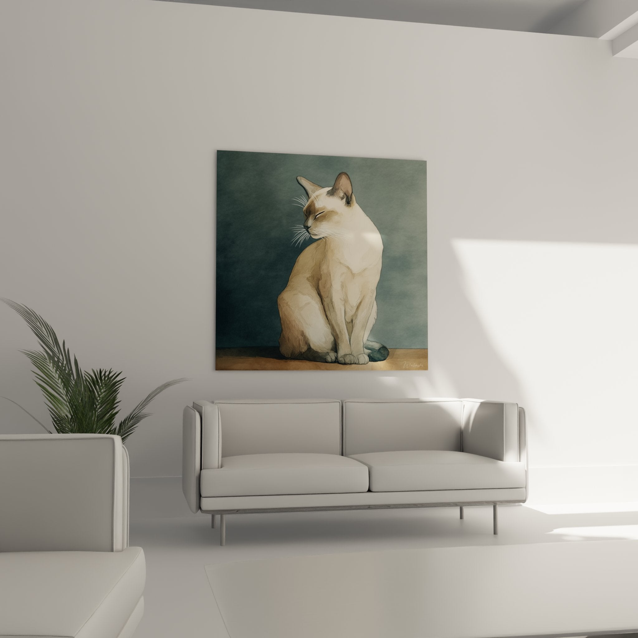 Dettaglio del quadro che mostra l'espressione serena e i tratti delicati del gatto Tonkinese in meditazione