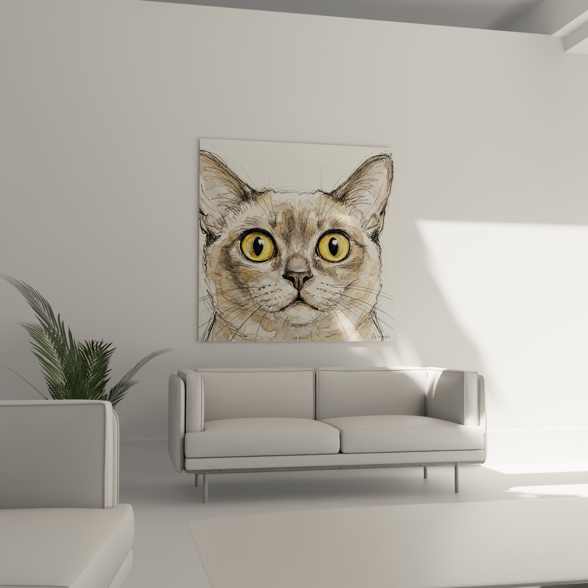 Détail portrait chat Burmese aquarelle, technique mixte encre, yeux dorés expressifs gros plan