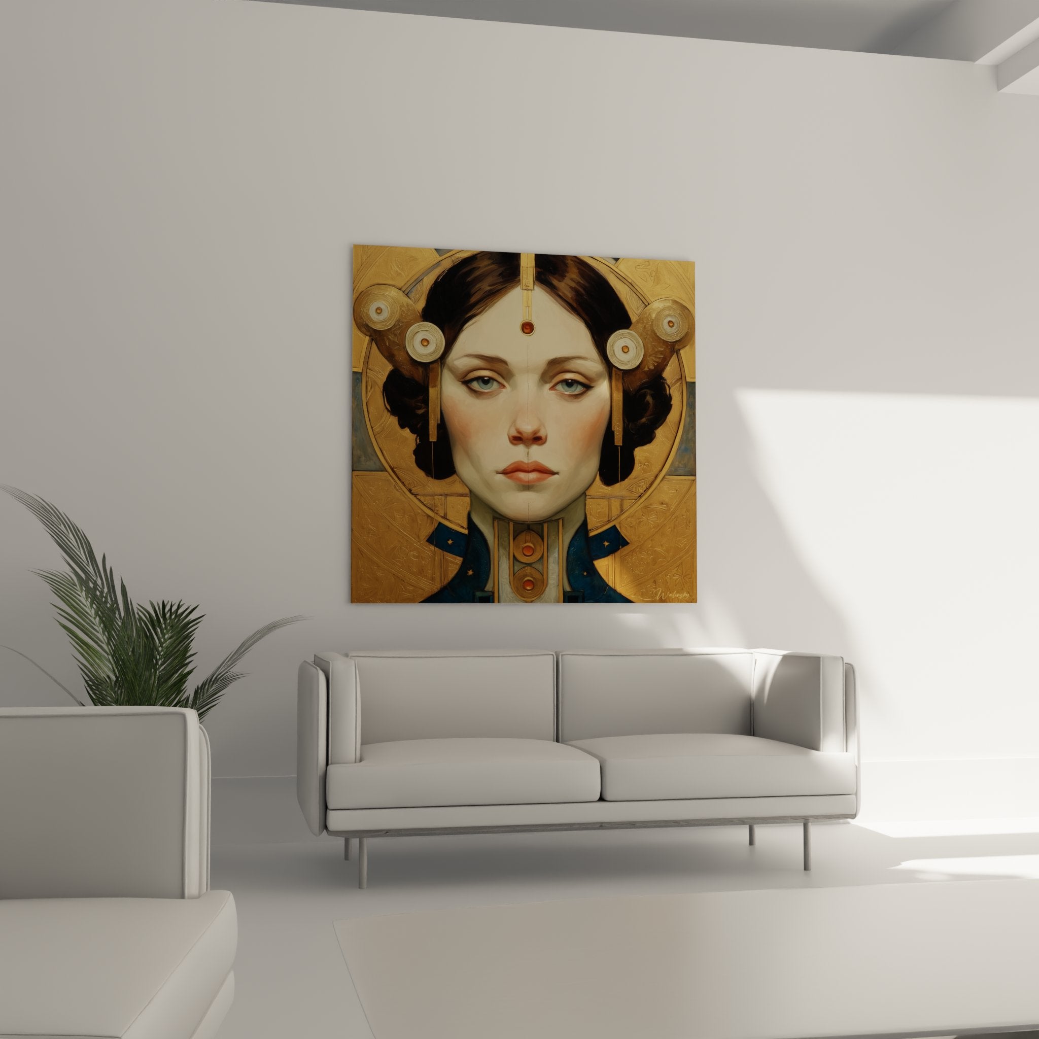 Art deco woman portrait detail with blue eyes wavy hairstyle golden geometric ornaments vintage style