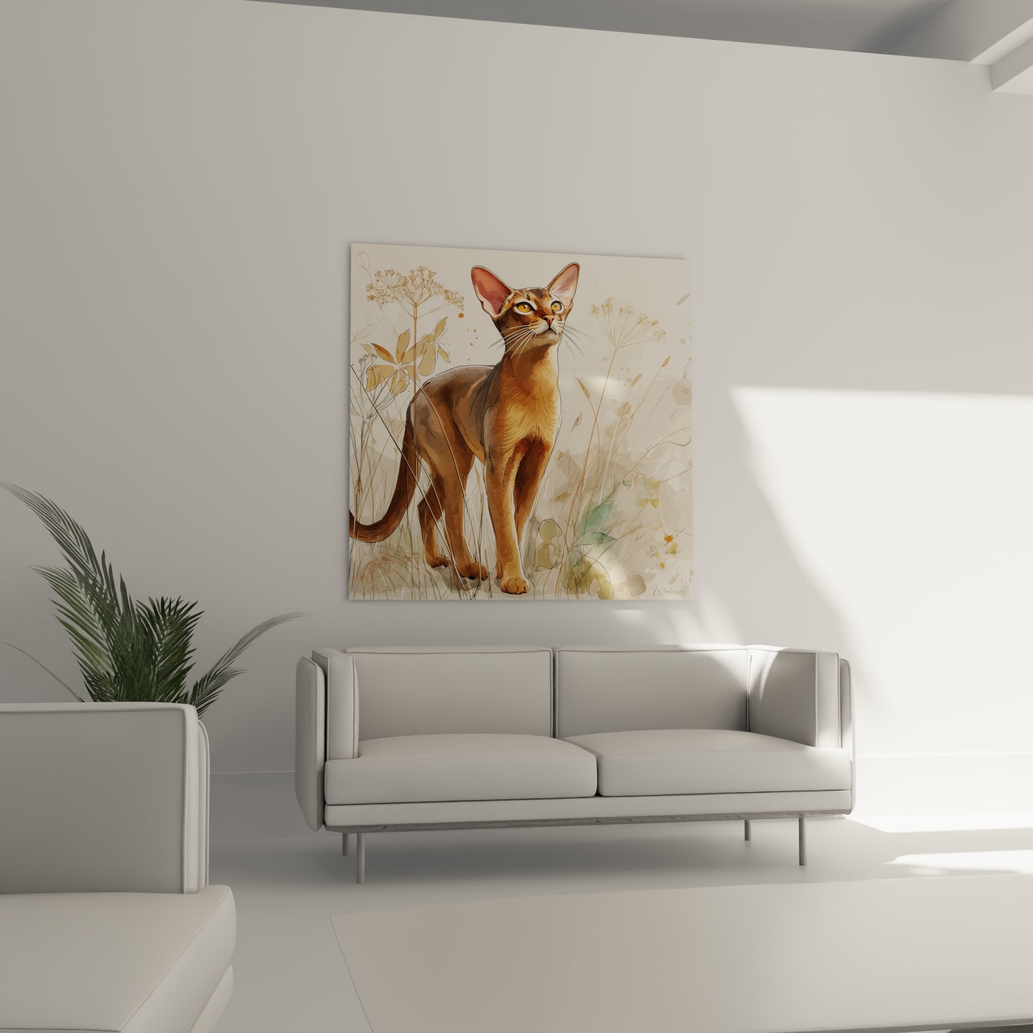 Dettaglio del viso espressivo del gatto Abissino con le sue orecchie grandi e lo sguardo ambrato penetrante