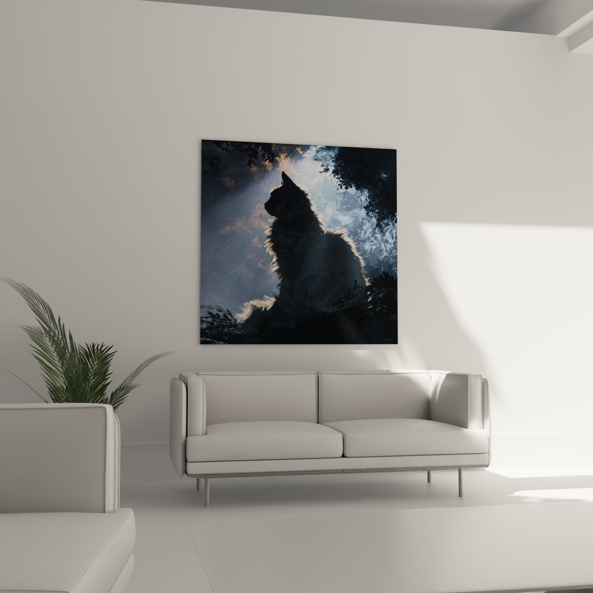 Détail rapproché tableau chat sibérien, texture fourrure lumineuse, qualité impression art mural haute définition