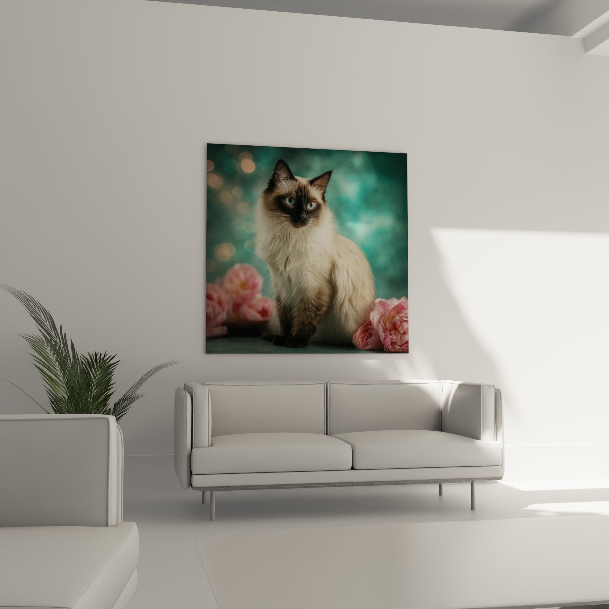 Primo piano quadro gatto balinese seal point con occhi blu - dettaglio del mantello crema e maschera marrone scuro artistica