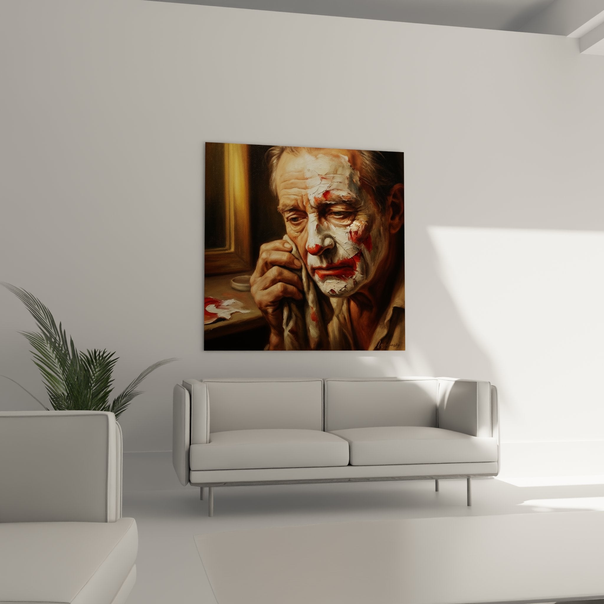 Dettaglio del quadro che mostra le mani del clown che cancellano delicatamente il suo trucco rosso e bianco