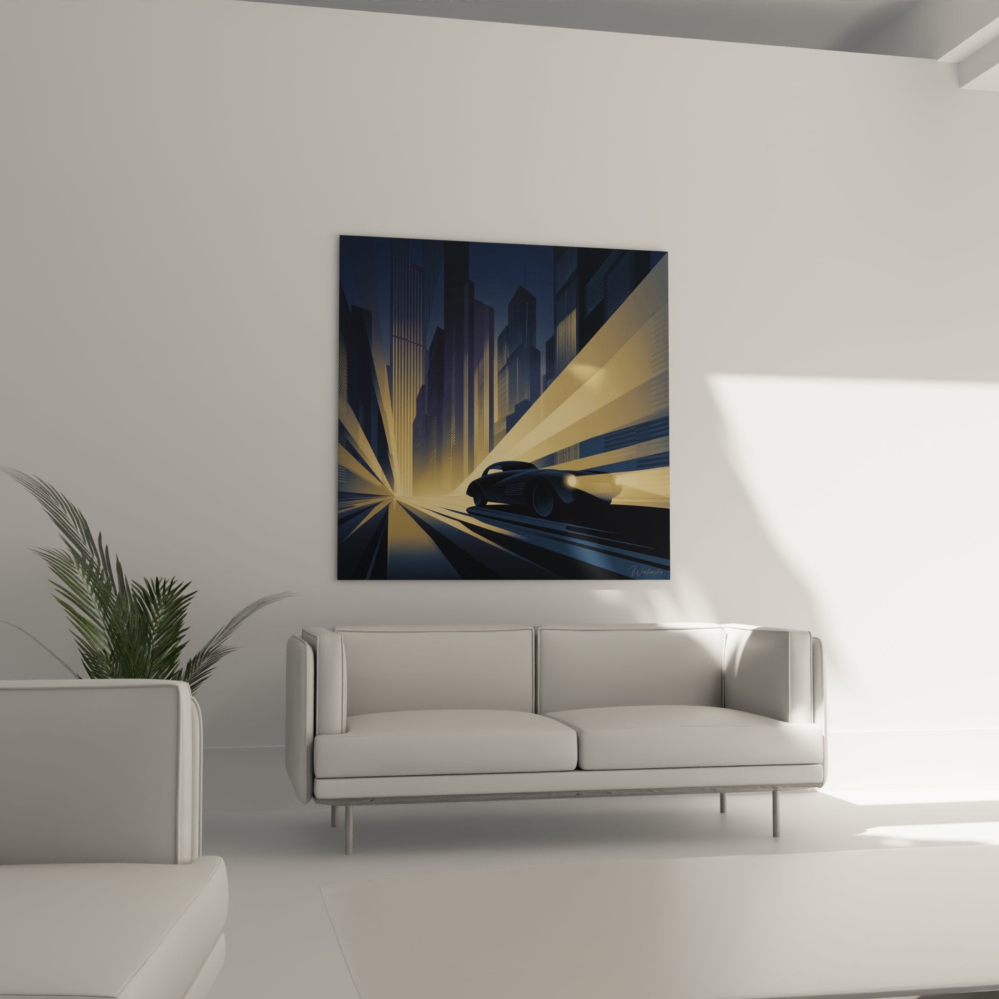 Dettaglio quadro art déco che mostra automobile futuristica e linee di fuga dorate in ambiente urbano blu