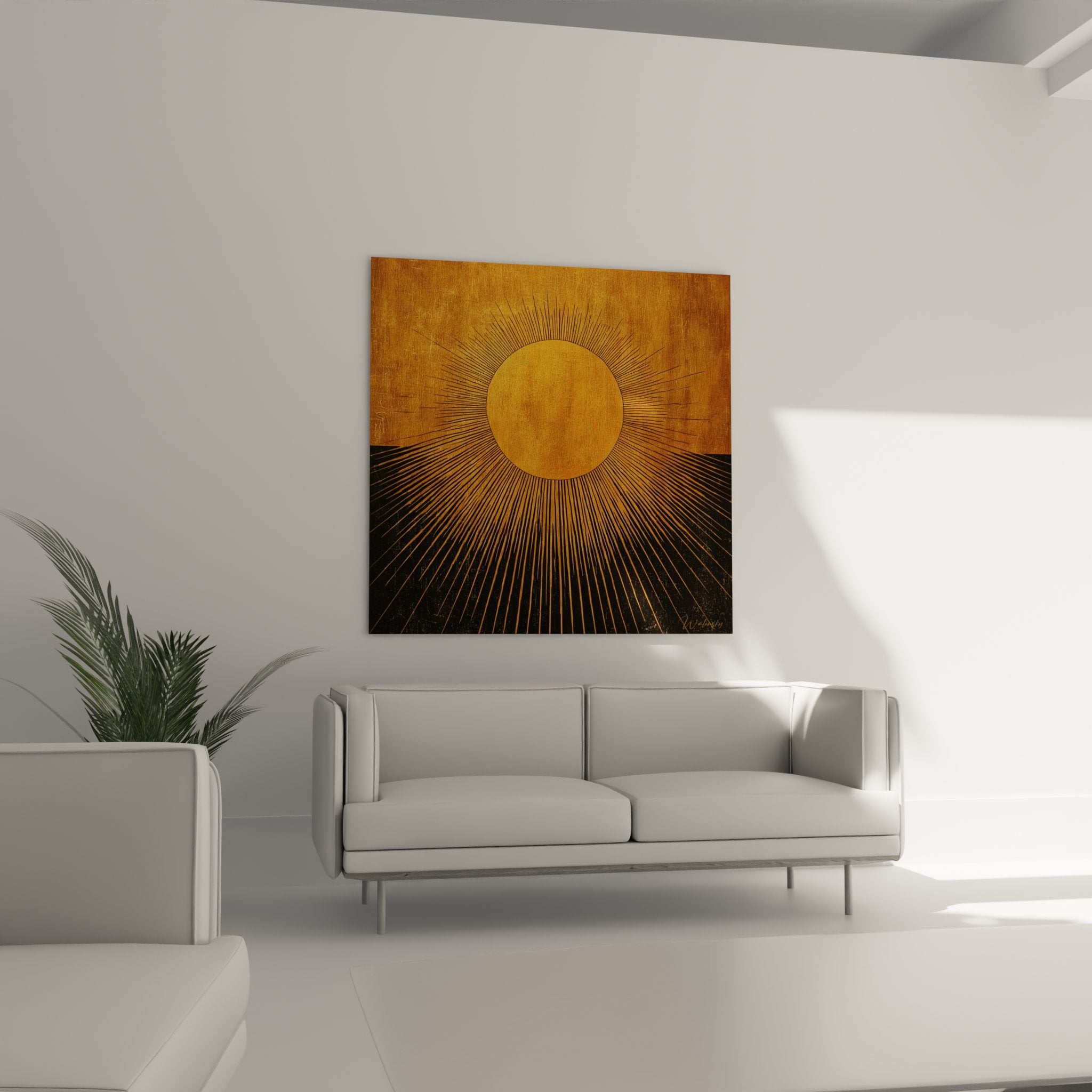 Dettaglio della trama dorata del quadro sole africano, finitura lucida e raggi geometrici arte contemporanea