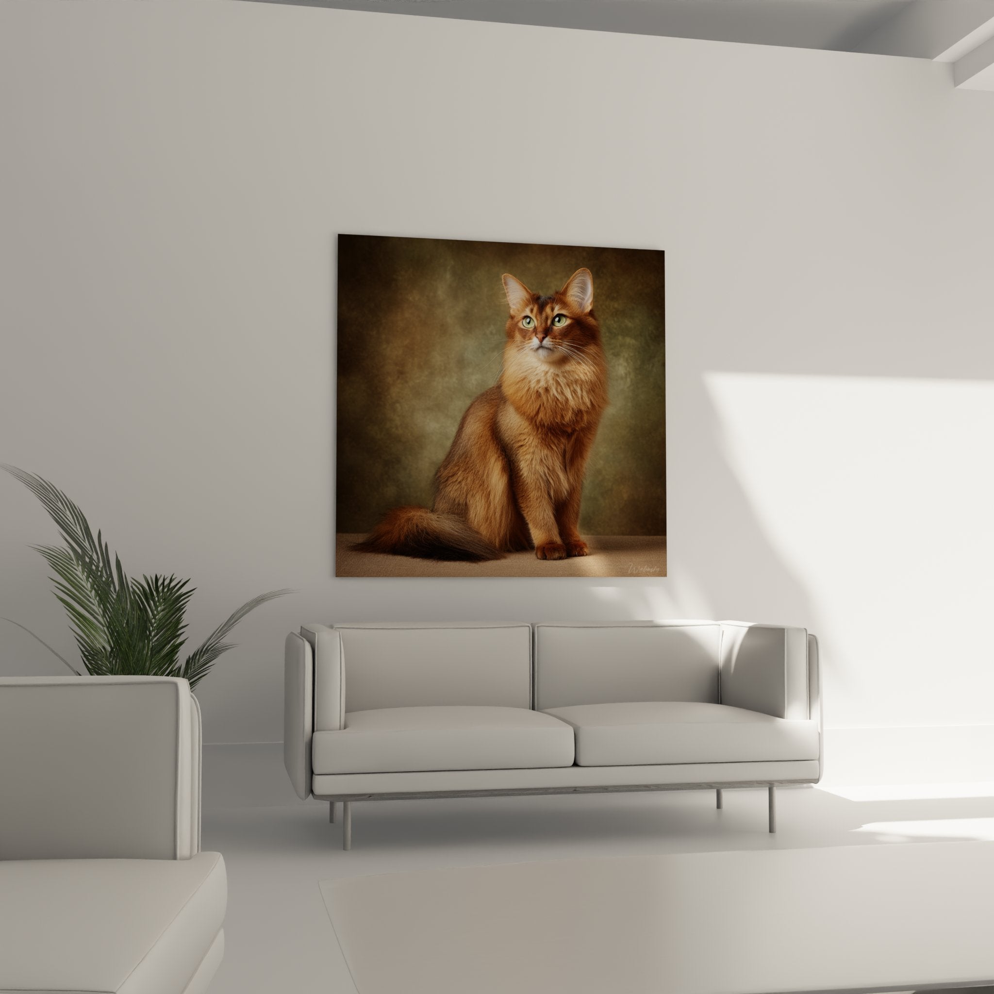 Gros plan sur tableau chat Somali montrant détails du pelage roux et des yeux verts expressifs