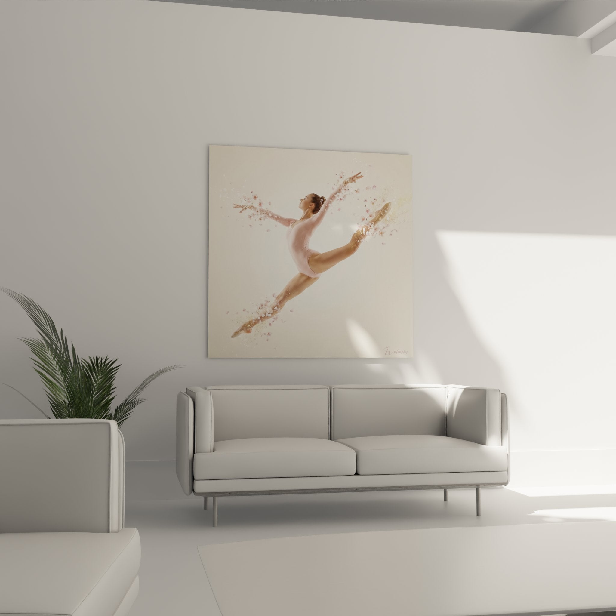 Dancer painting detail - golden flower texture and pink tones, high quality finish for wall decoration dance