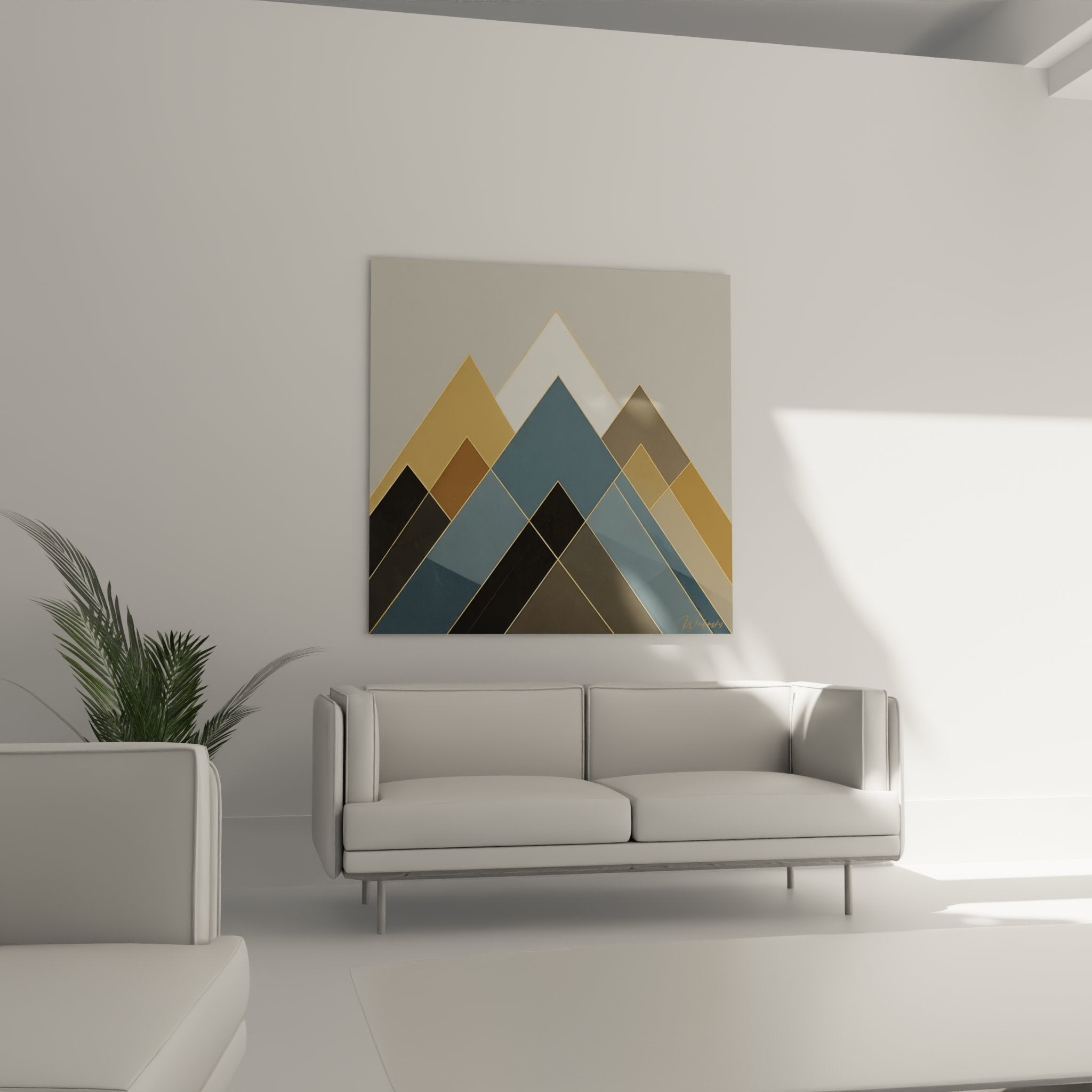 Detailaufnahme Kunstdruck geometrische Berge mit goldenen und blauen Texturen künstlerische Verarbeitung Premium-Qualität
