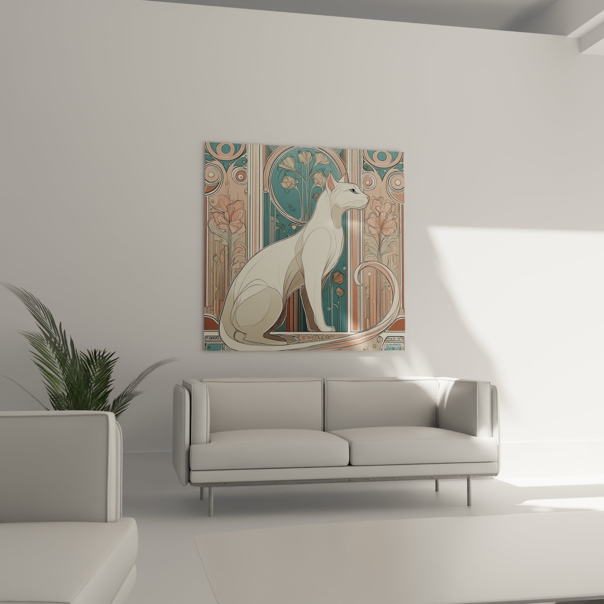 Détail du tableau chat élégant Art Nouveau avec ornements floraux et géométriques style Belle Époque